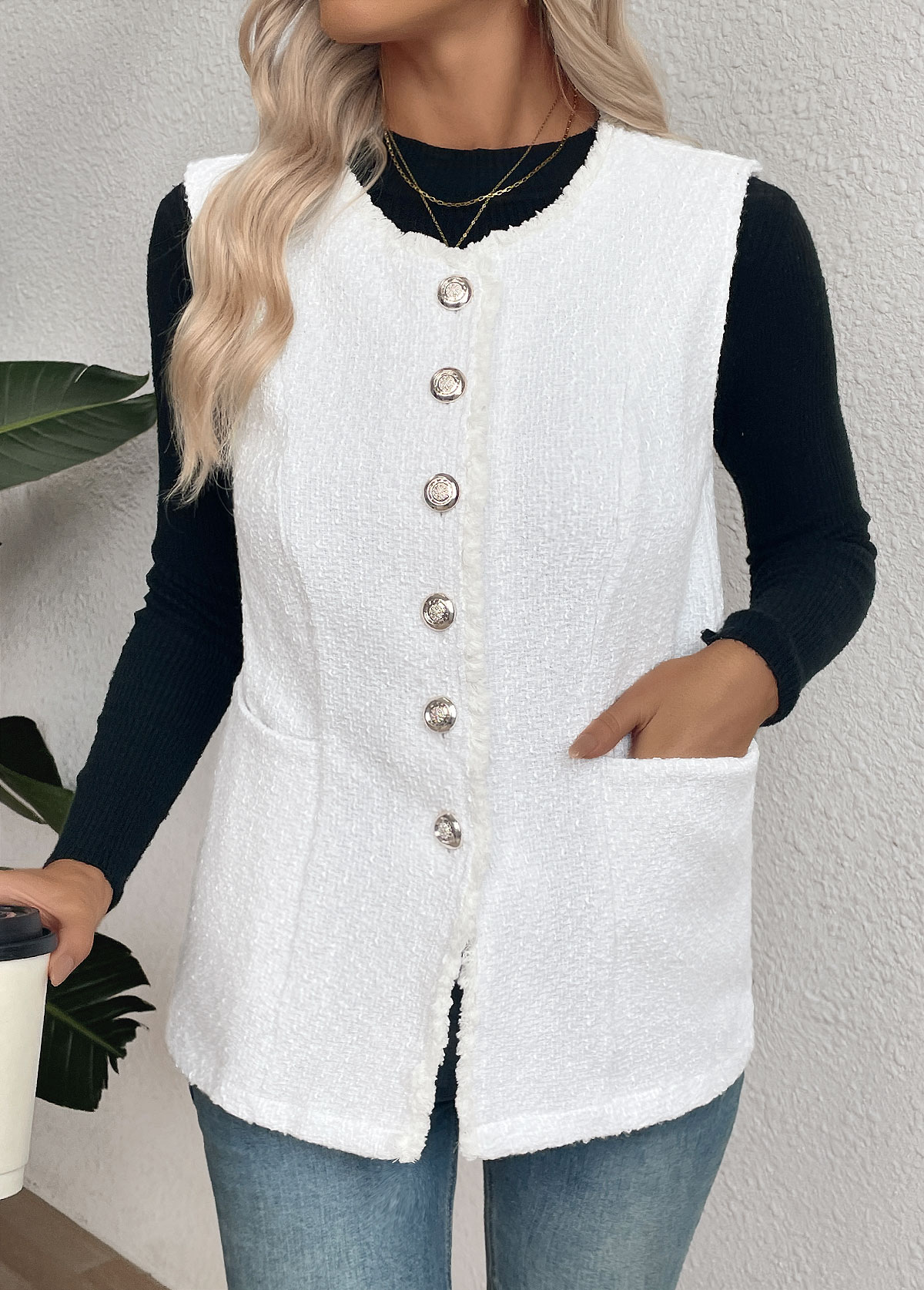White Tummy Coverage Sleeveless Round Neck Waistcoat | picture 