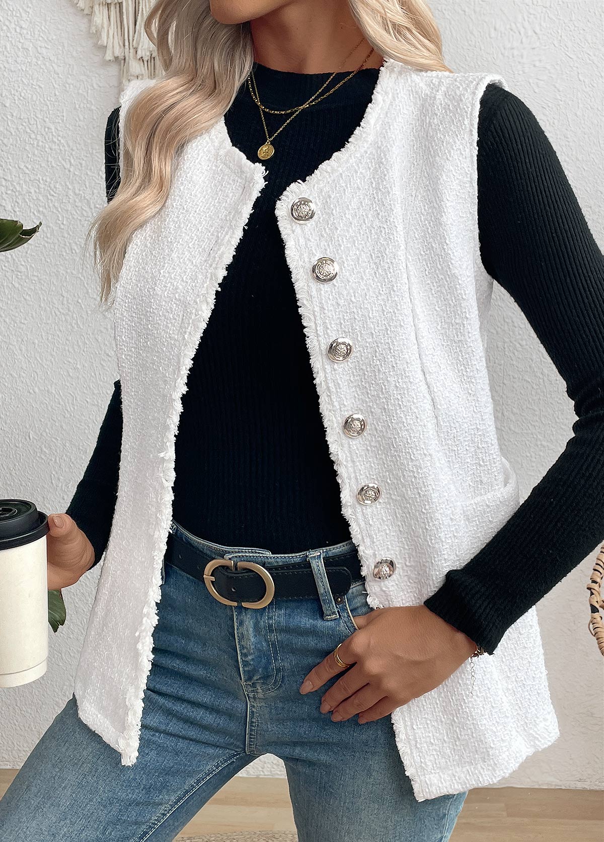 White Tummy Coverage Sleeveless Round Neck Waistcoat | picture 