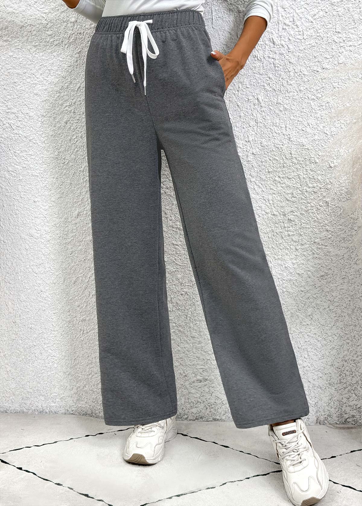 Dark Grey Pocket Straight Leg Elastic Waist Pants | picture 