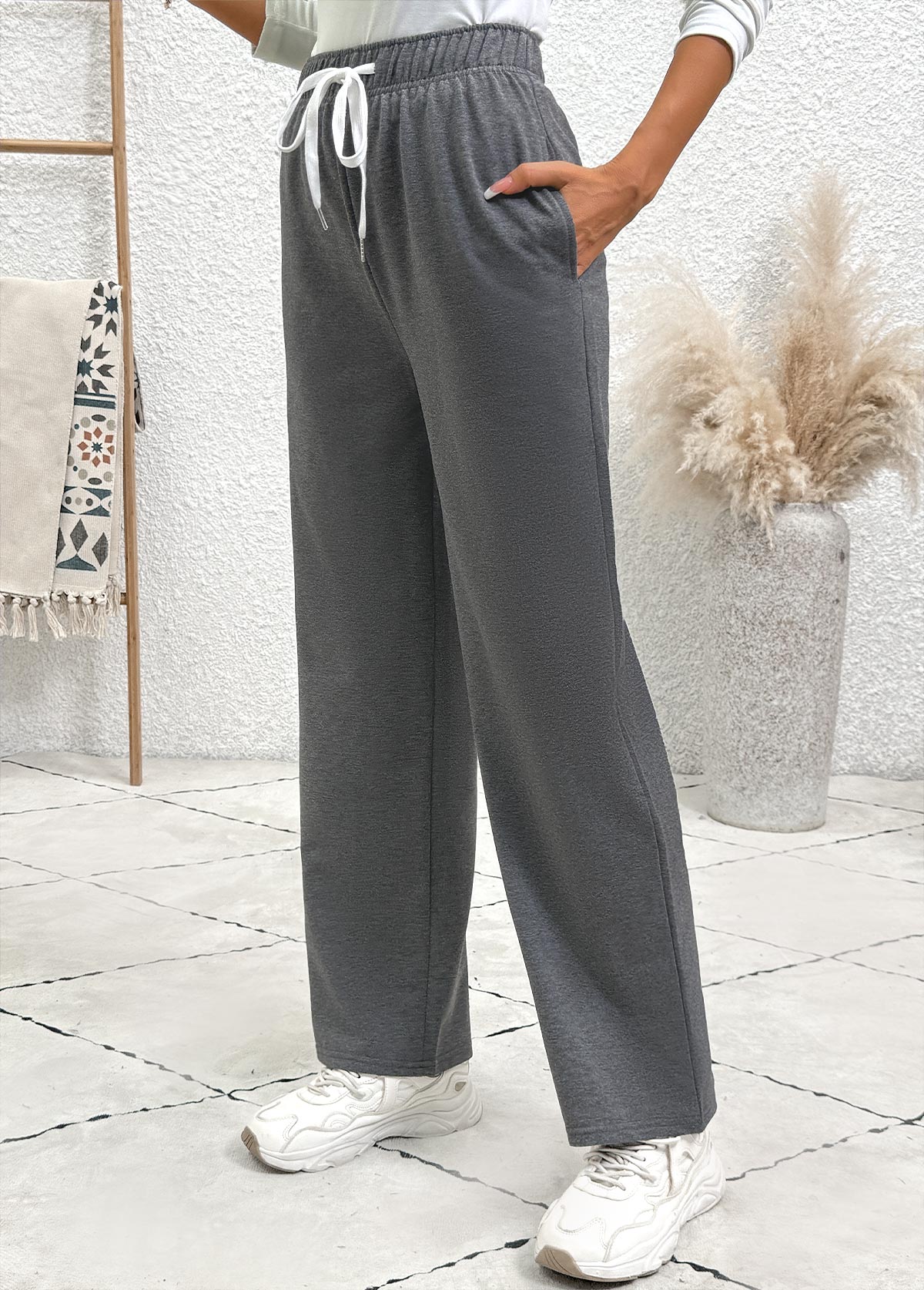 Dark Grey Pocket Straight Leg Elastic Waist Pants | picture 