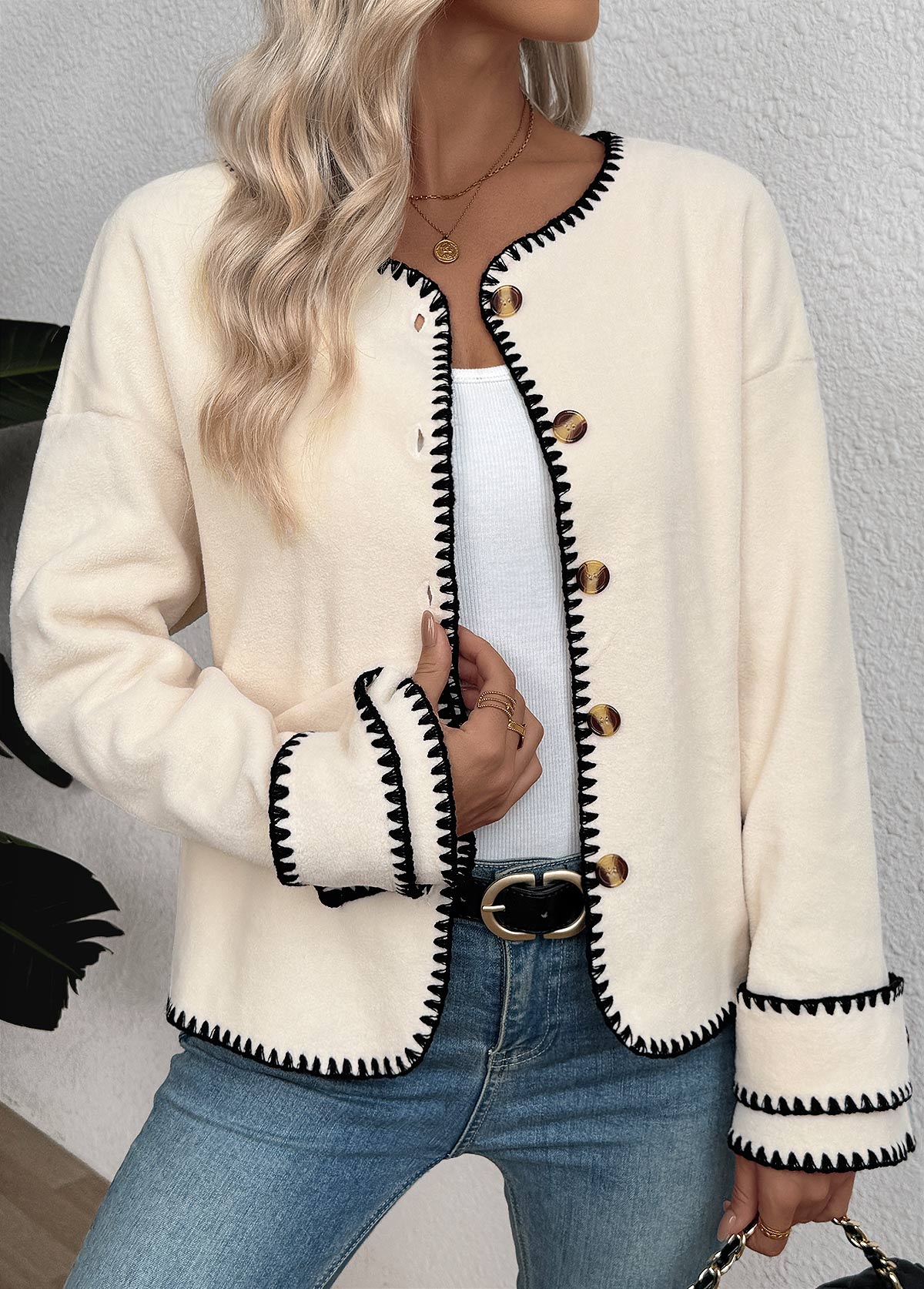 Beige Tummy Coverage Long Sleeve Round Neck Coat | picture 