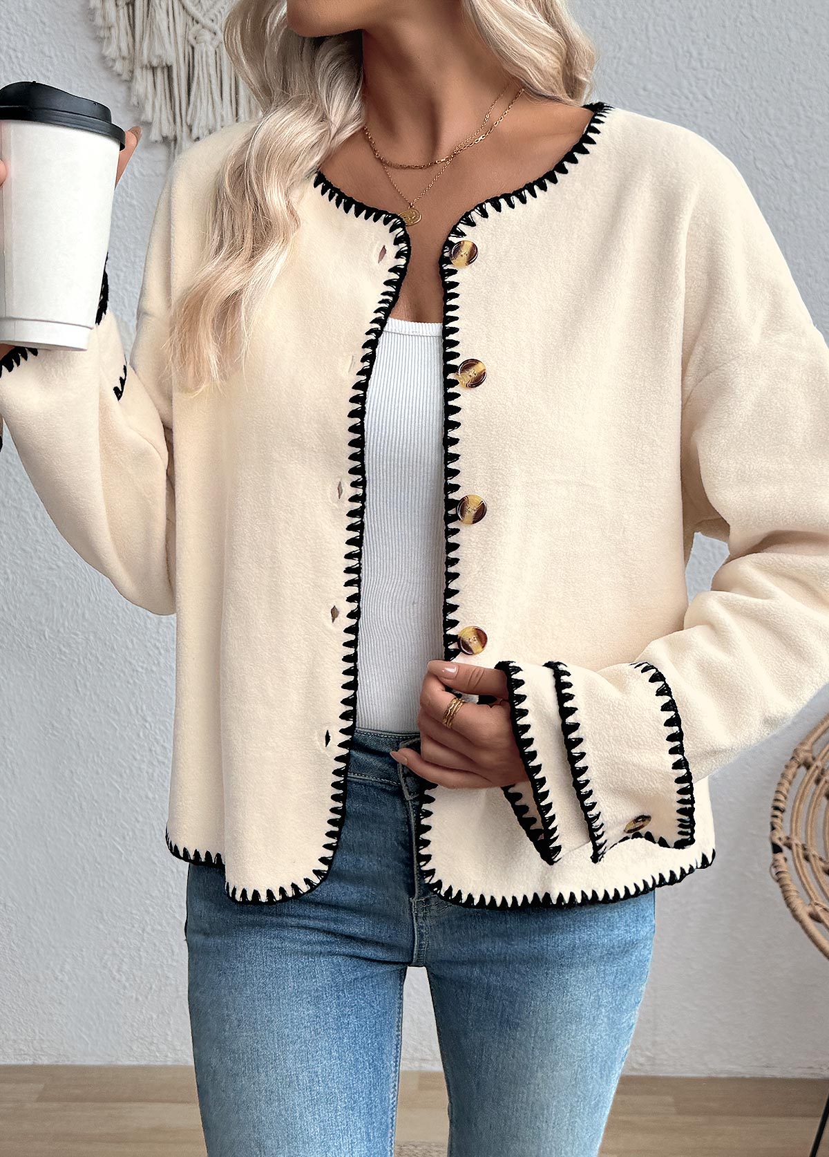 Beige Tummy Coverage Long Sleeve Round Neck Coat | picture 