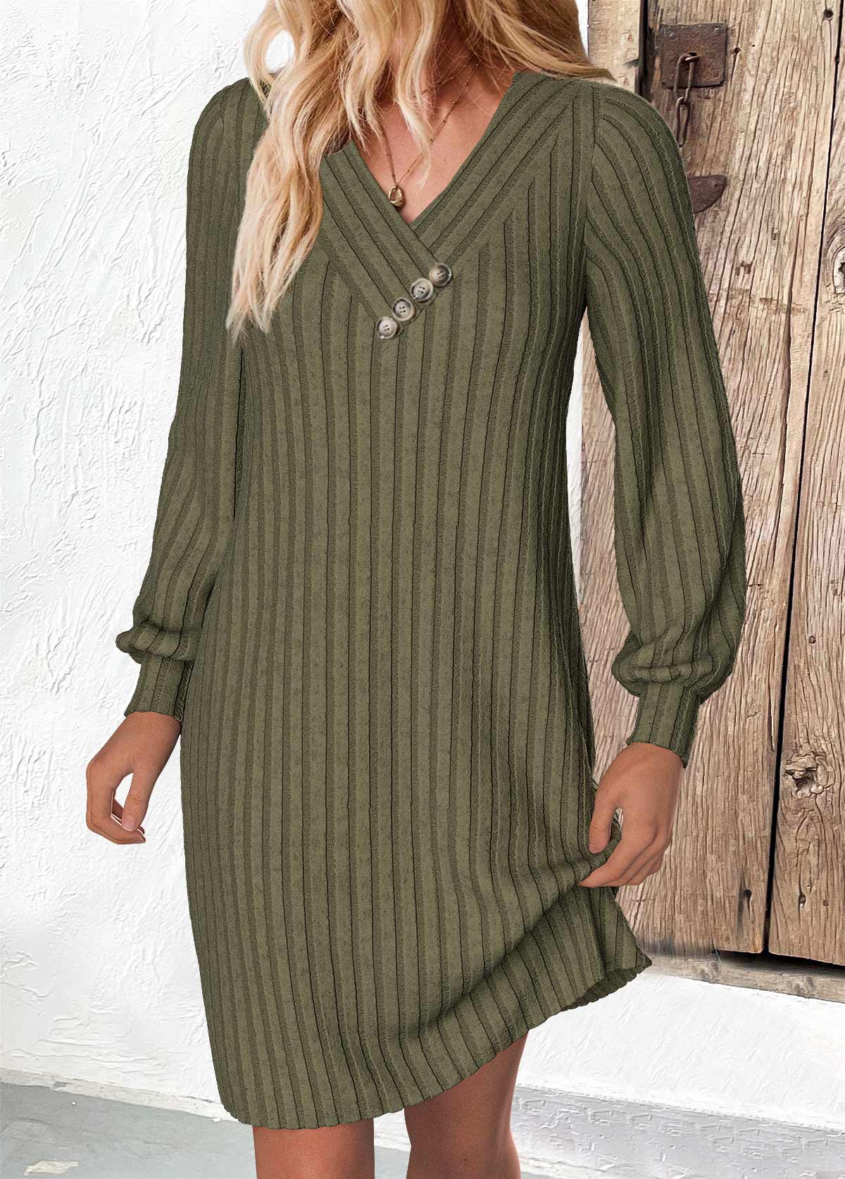 Olive Green A Line Long Sleeve V Neck Dress | picture 