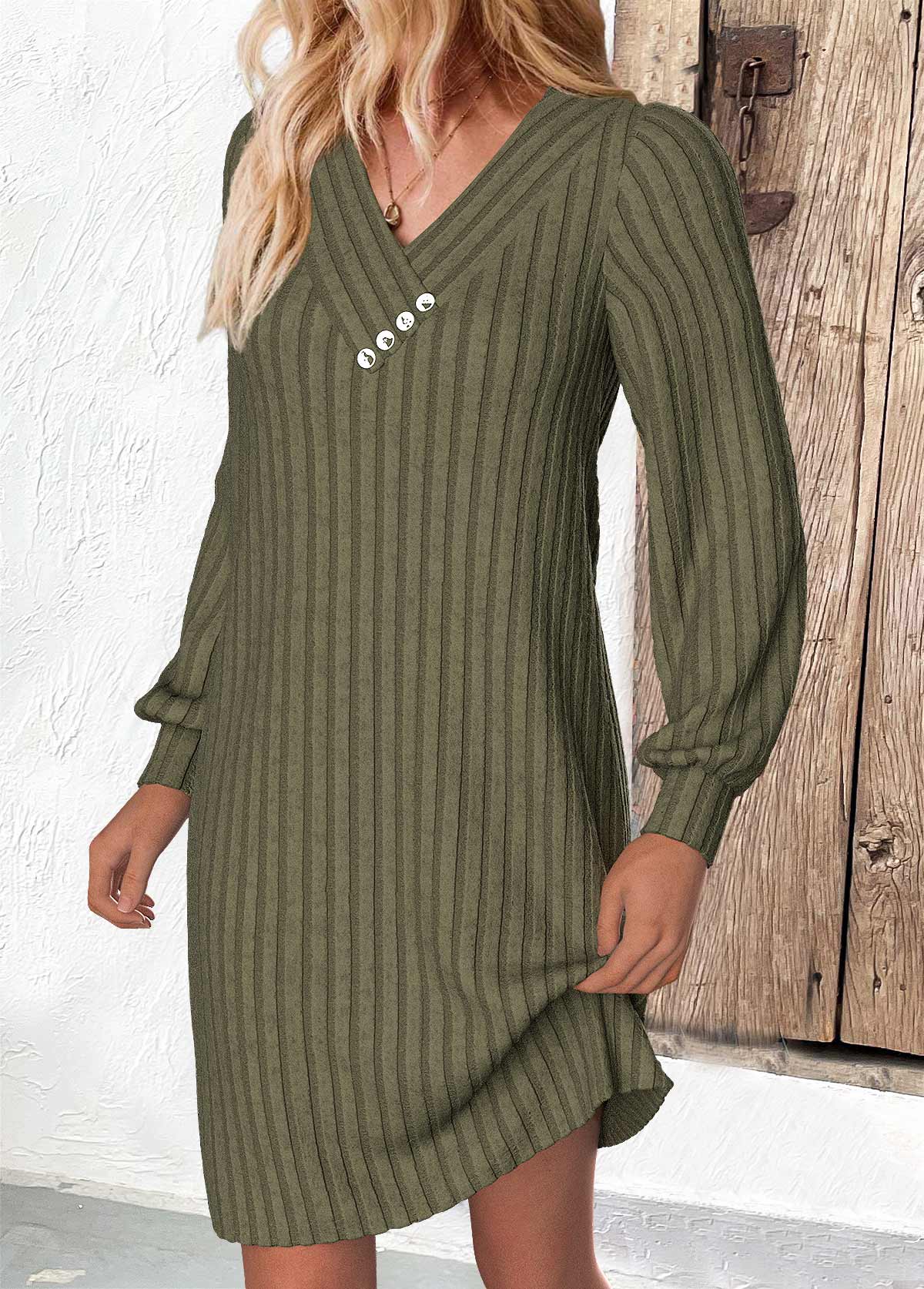 Olive Green A Line Long Sleeve V Neck Dress | picture 