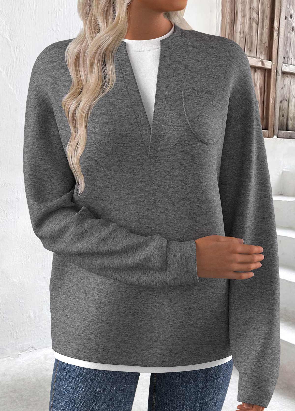 Grey Fake 2in1 Long Sleeve Round Neck Sweatshirt | picture 
