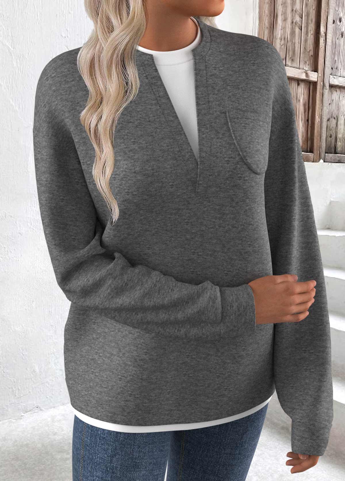 Grey Fake 2in1 Long Sleeve Round Neck Sweatshirt | picture 