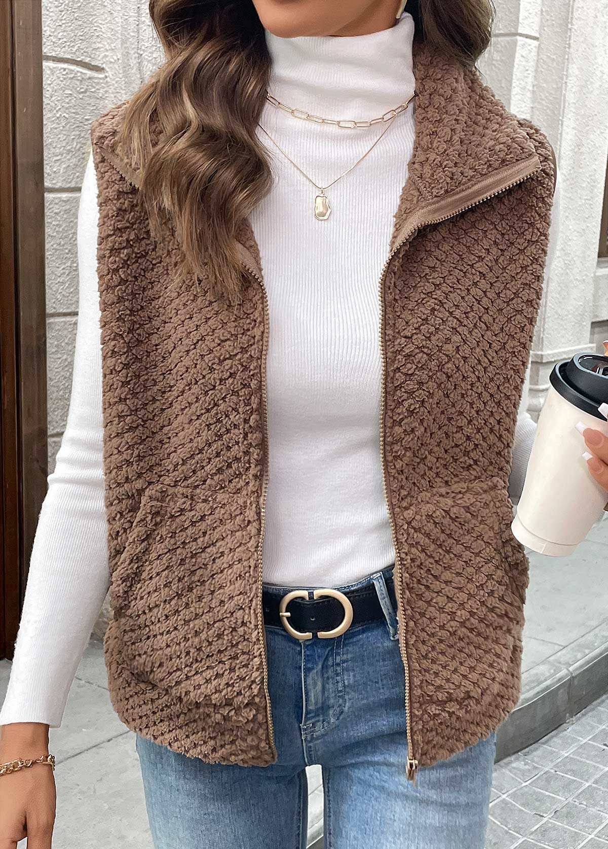 Dark Coffee Kangaroo Pocket Sleeveless Turn Down Collar Waistcoat | picture 