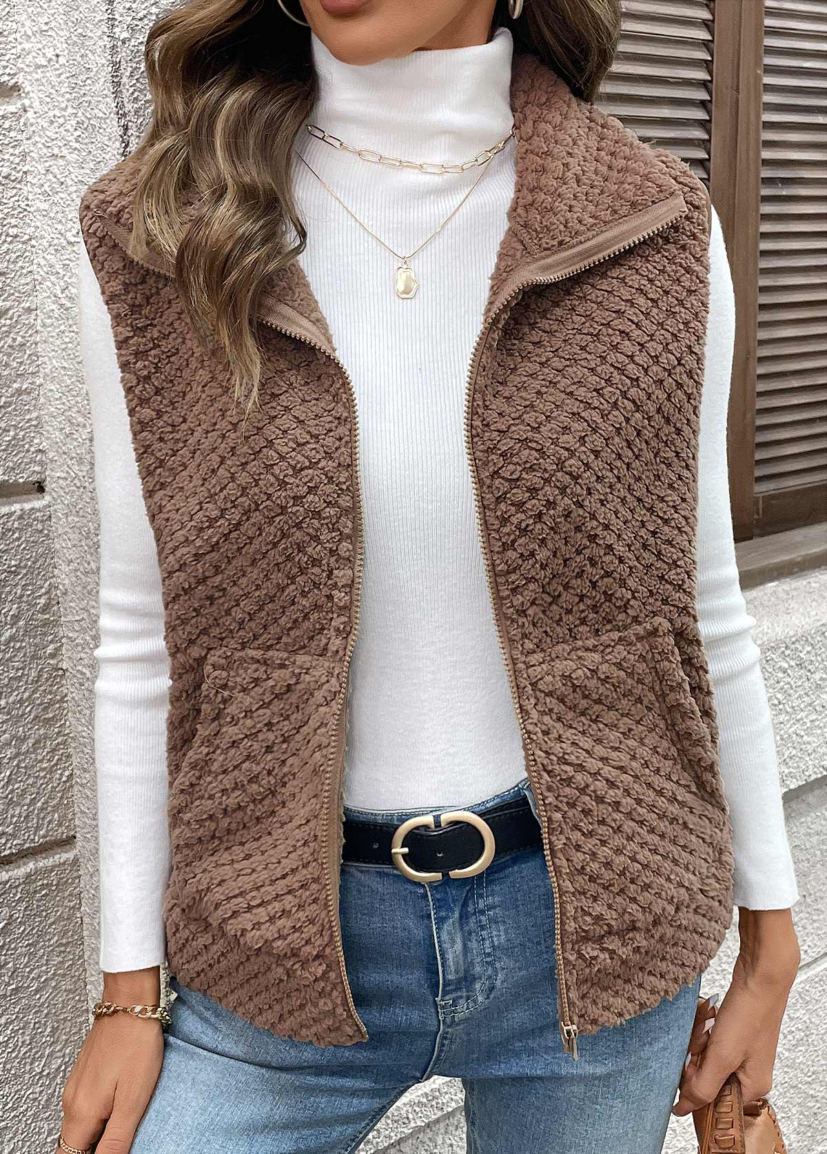 Dark Coffee Kangaroo Pocket Sleeveless Turn Down Collar Waistcoat | picture 