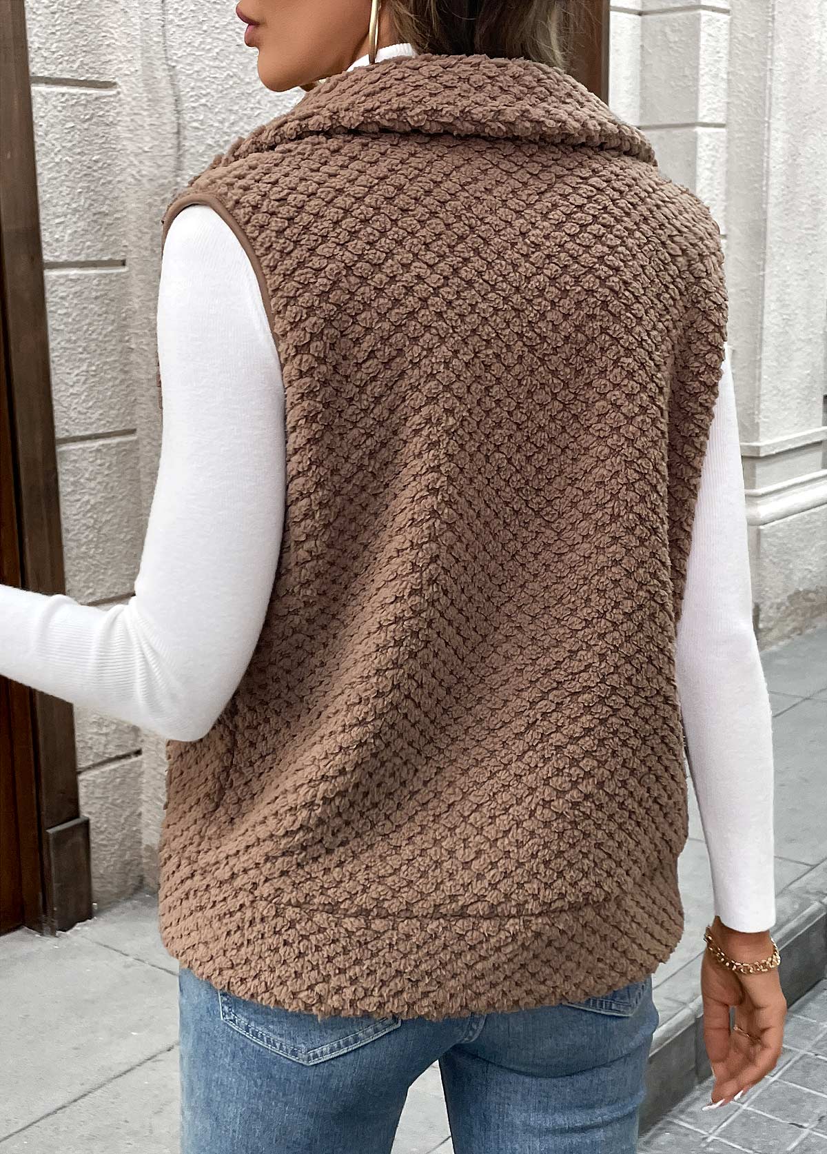 Dark Coffee Kangaroo Pocket Sleeveless Turn Down Collar Waistcoat | picture 