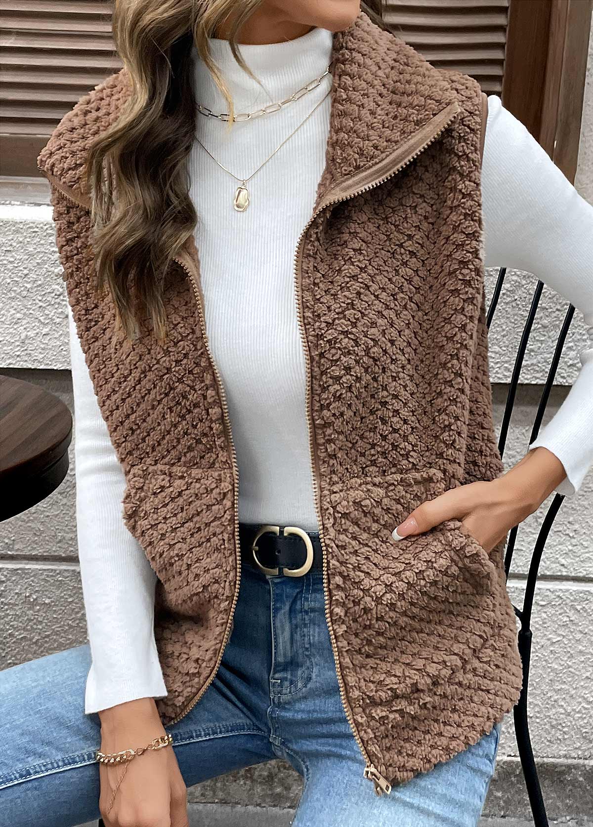 Dark Coffee Kangaroo Pocket Sleeveless Turn Down Collar Waistcoat | picture 