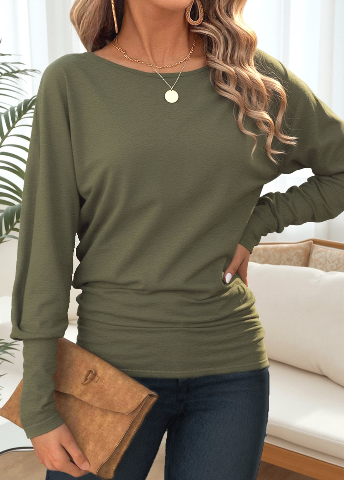 Olive Green Tummy Coverage Long Sleeve T Shirt | picture 