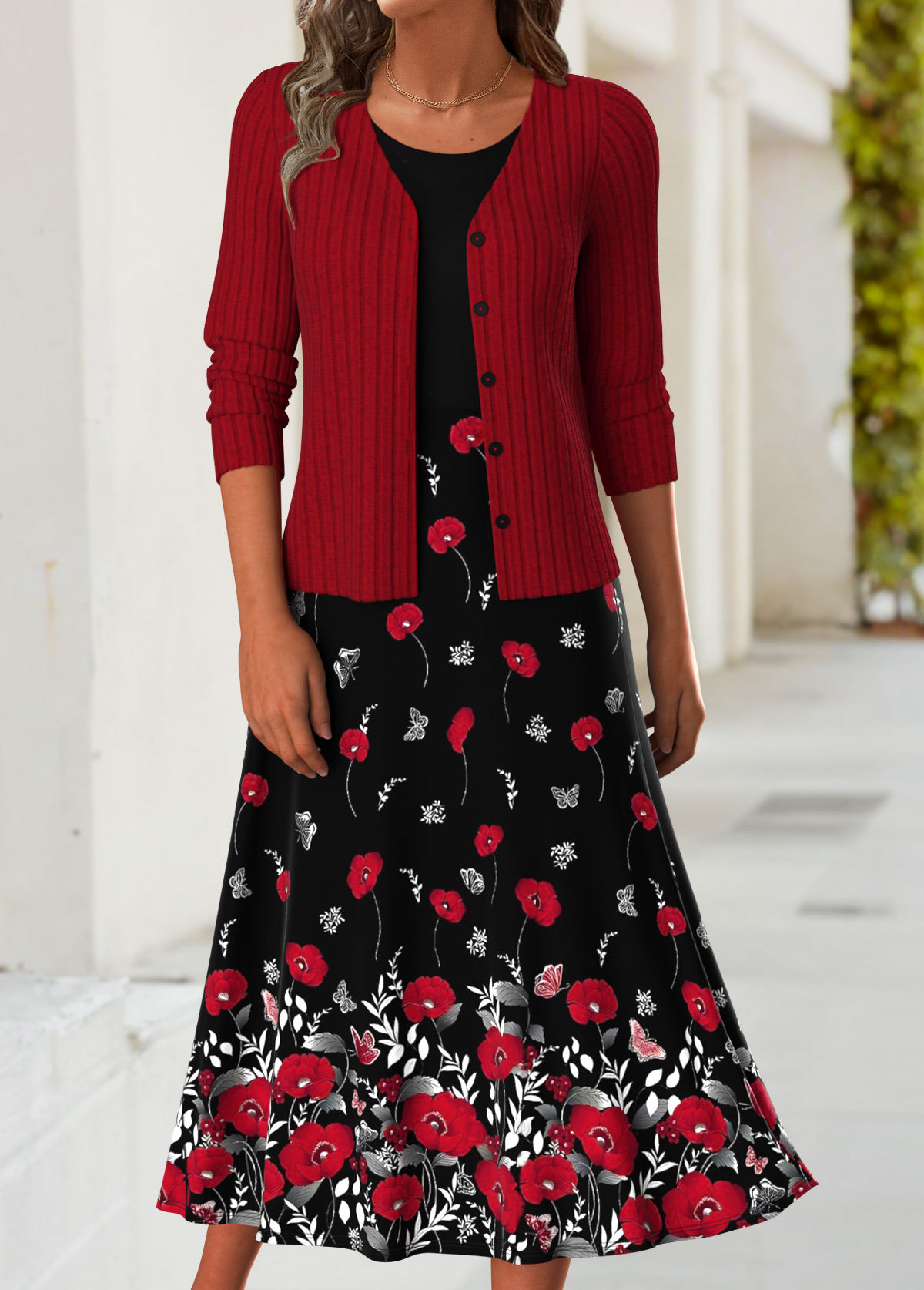 Red Tummy Coverage Floral Print Dress and Cardigan | picture 