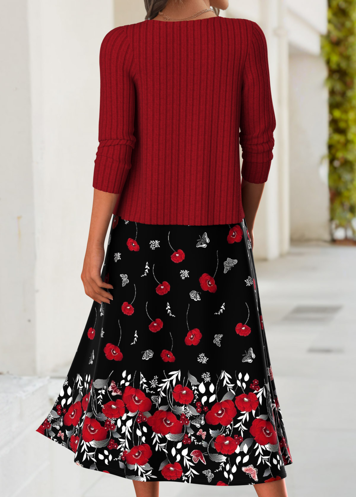 Red Tummy Coverage Floral Print Dress and Cardigan | picture 