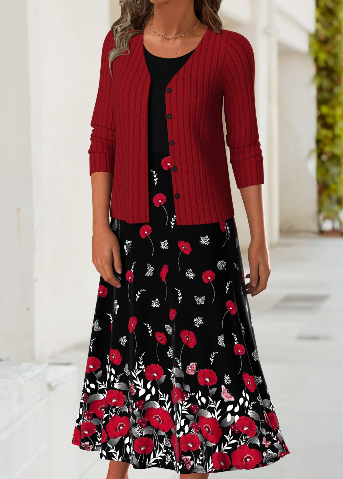 Red Tummy Coverage Floral Print Dress and Cardigan | picture 