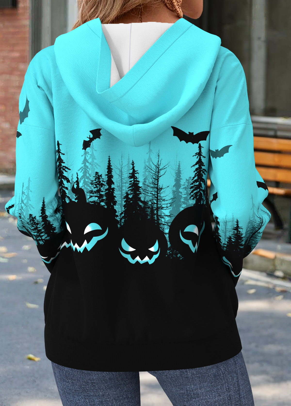 Halloween Cyan Tummy Coverage Long Sleeve Hoodie | picture 