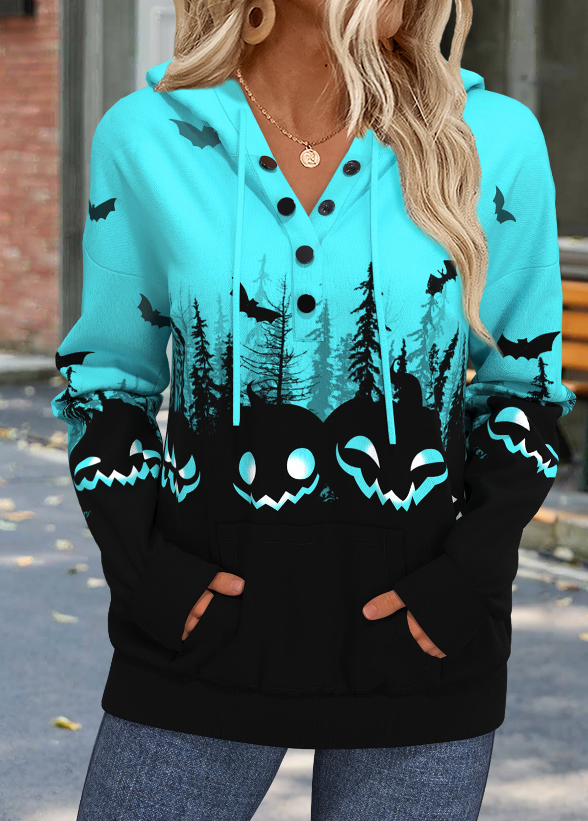 Halloween Cyan Tummy Coverage Long Sleeve Hoodie | picture 