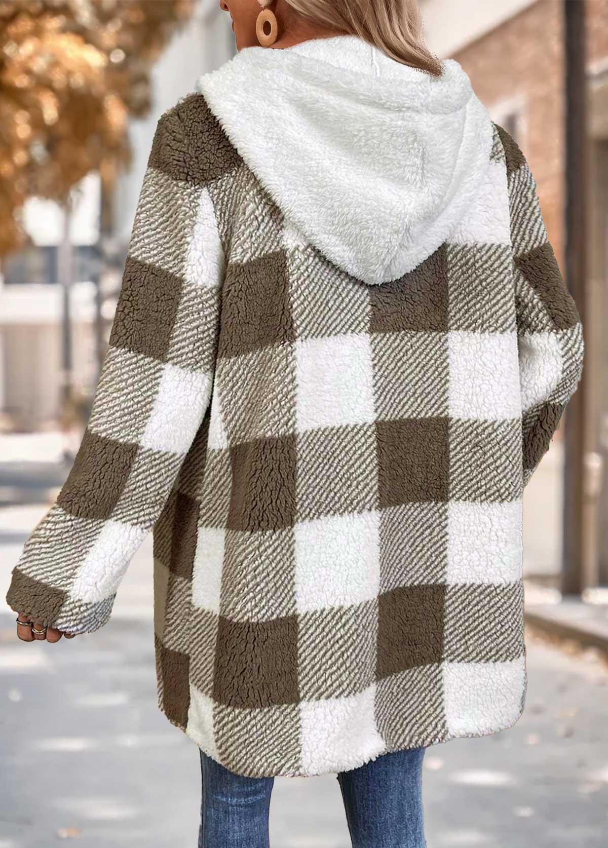 Gray Brown Tummy Coverage Plaid Long Sleeve Hooded Coat | picture 