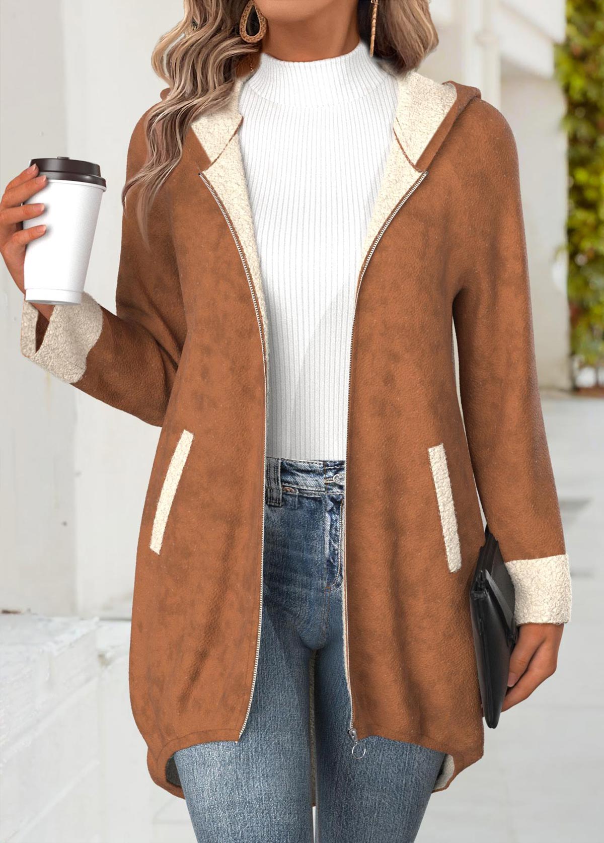 Dark Coffee Tummy Coverage Long Sleeve Hooded Coat | picture 