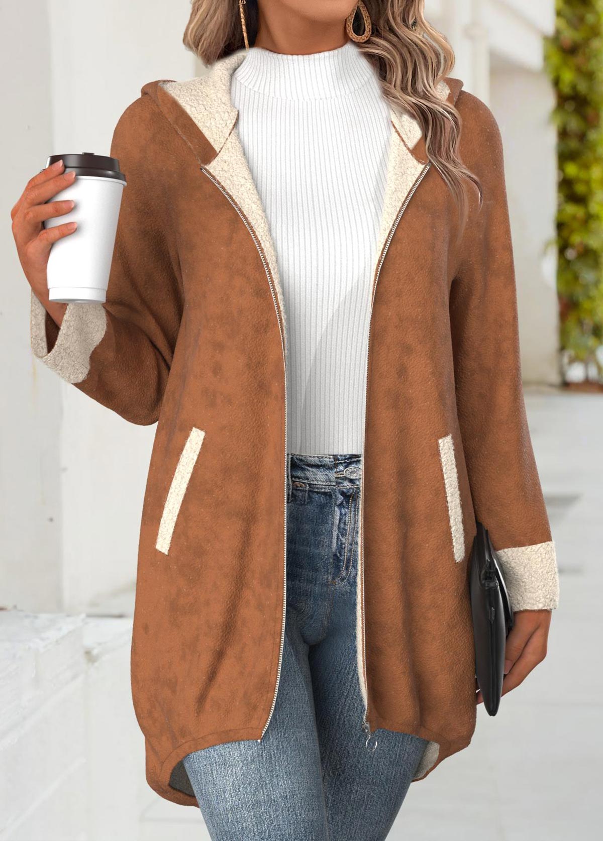 Dark Coffee Tummy Coverage Long Sleeve Hooded Coat | picture 