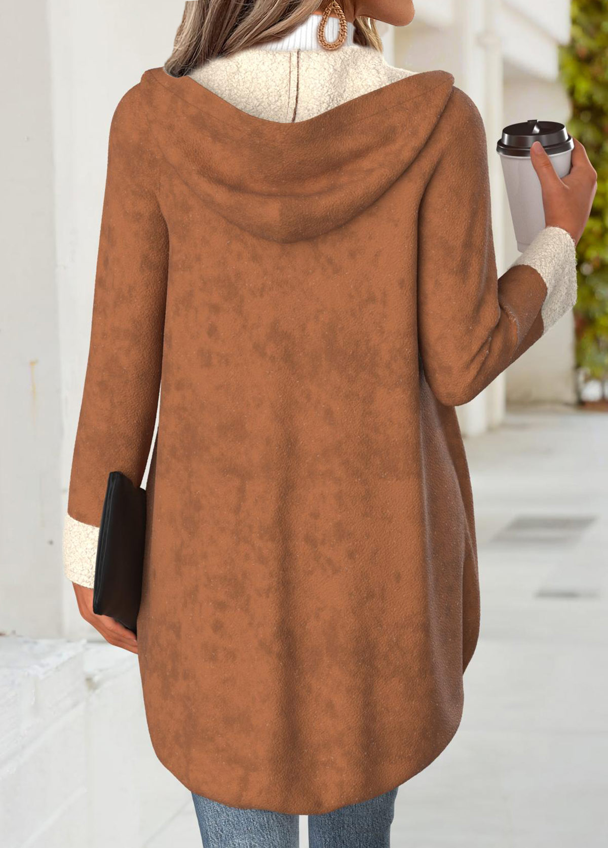 Dark Coffee Tummy Coverage Long Sleeve Hooded Coat | picture 