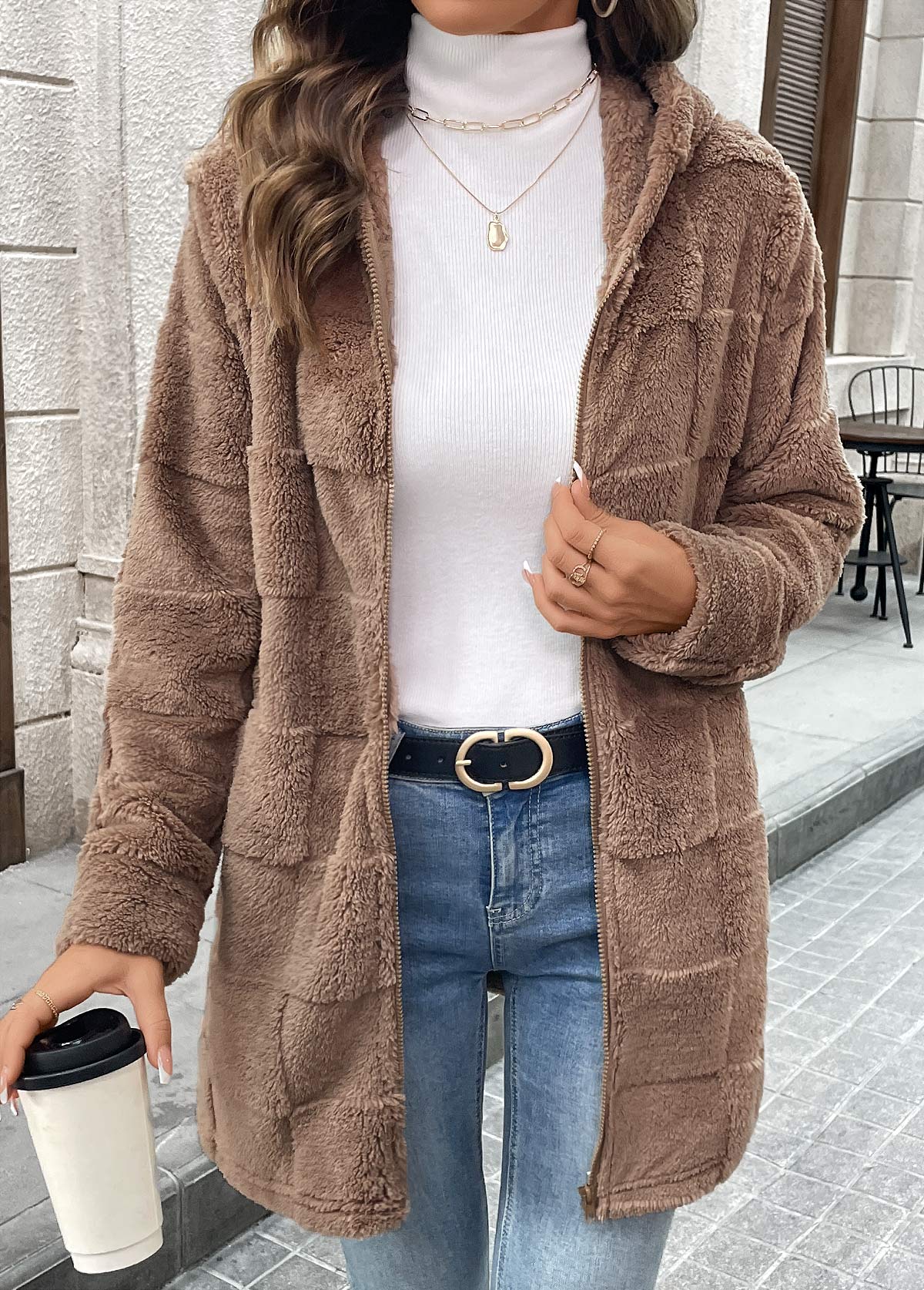 Dark Coffee Double Side Pockets Long Sleeve Hooded Coat | picture 