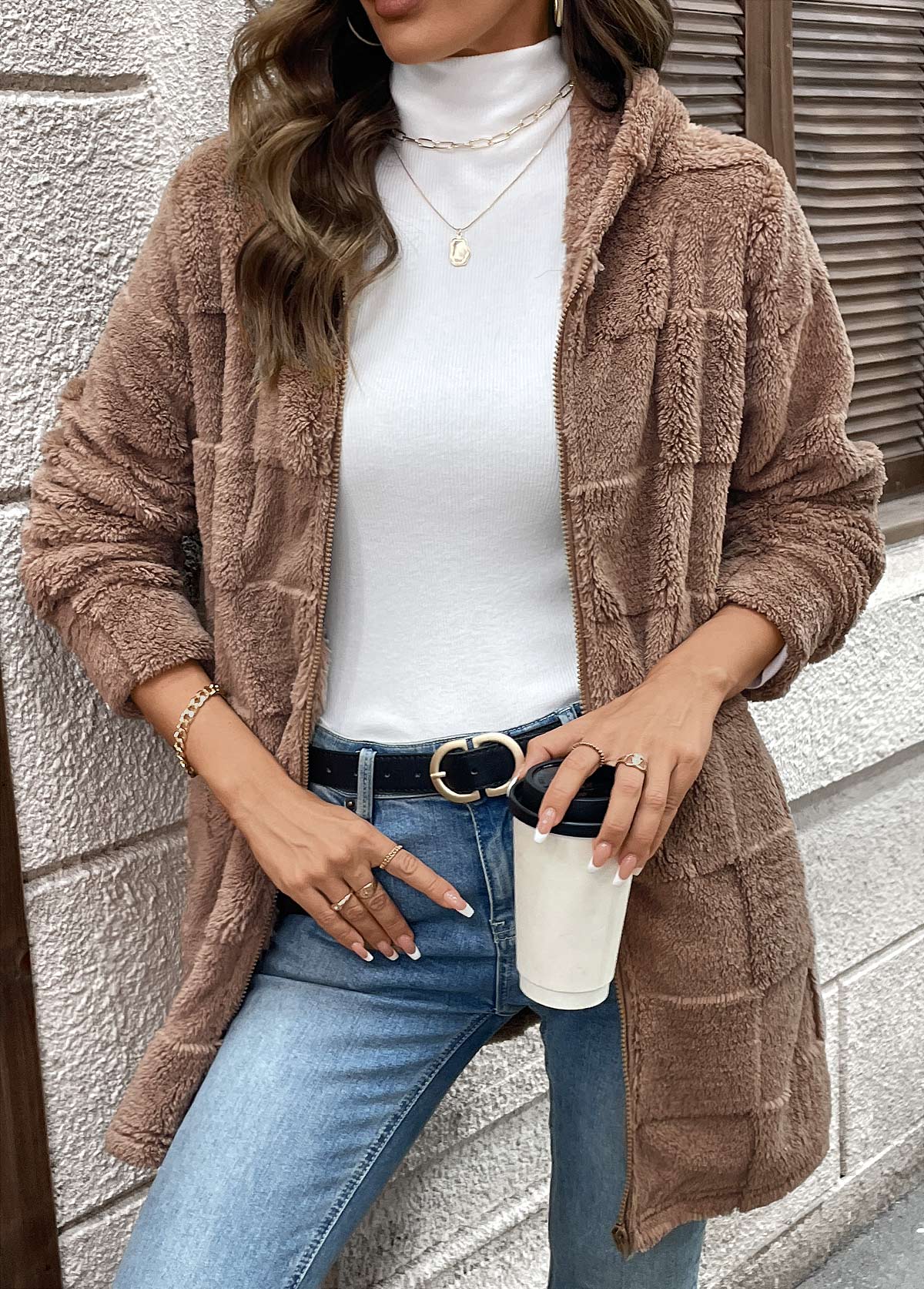 Dark Coffee Double Side Pockets Long Sleeve Hooded Coat | picture 