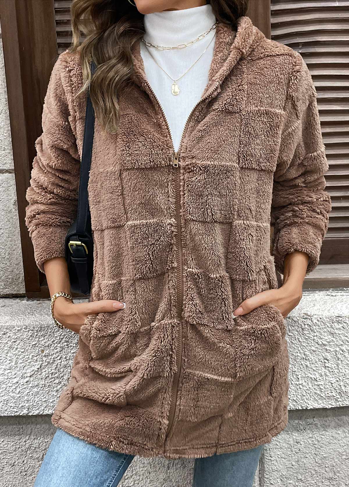 Dark Coffee Double Side Pockets Long Sleeve Hooded Coat | picture 