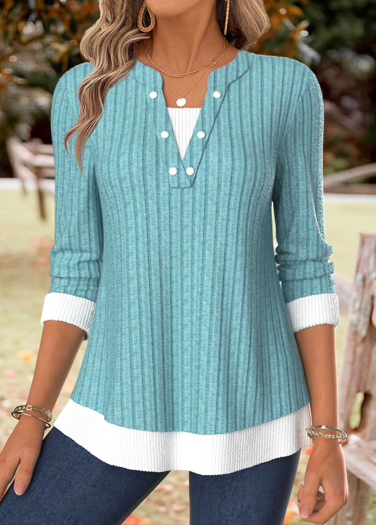 Turquoise Tummy Coverage Long Sleeve Split Neck T Shirt | picture 