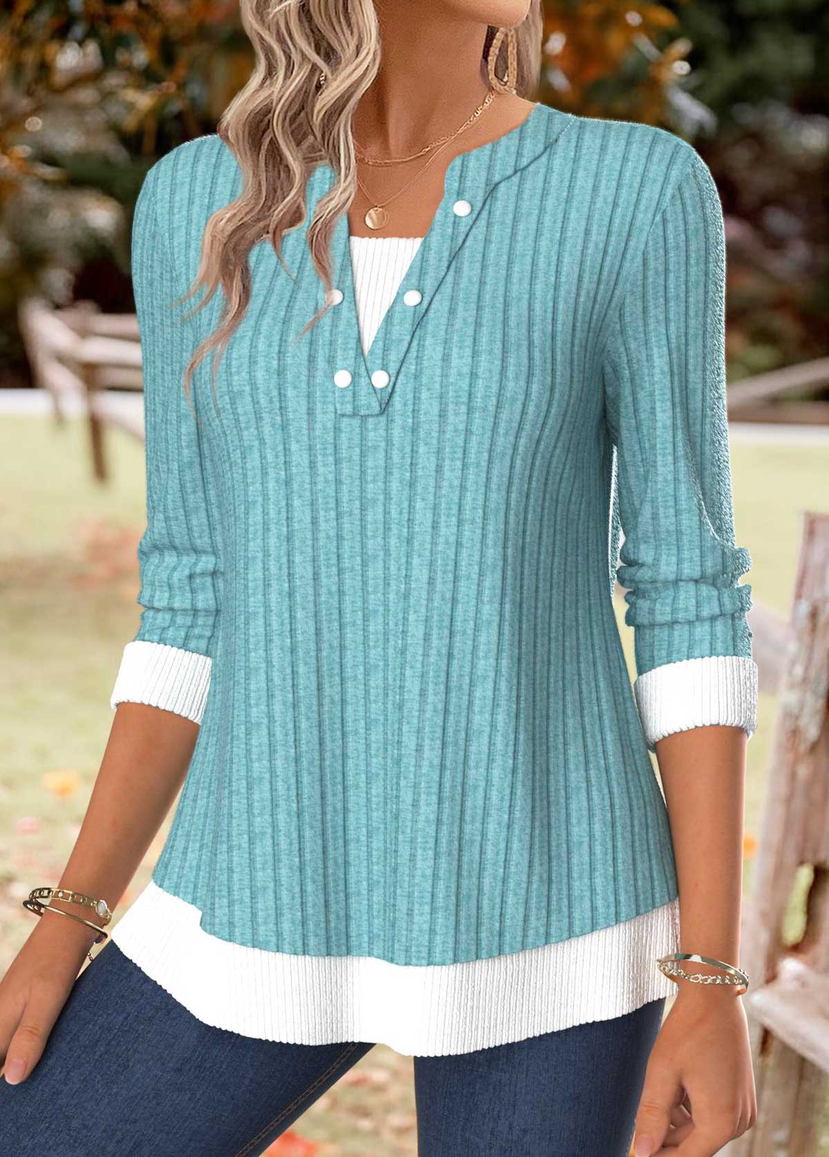 Turquoise Tummy Coverage Long Sleeve Split Neck T Shirt | picture 
