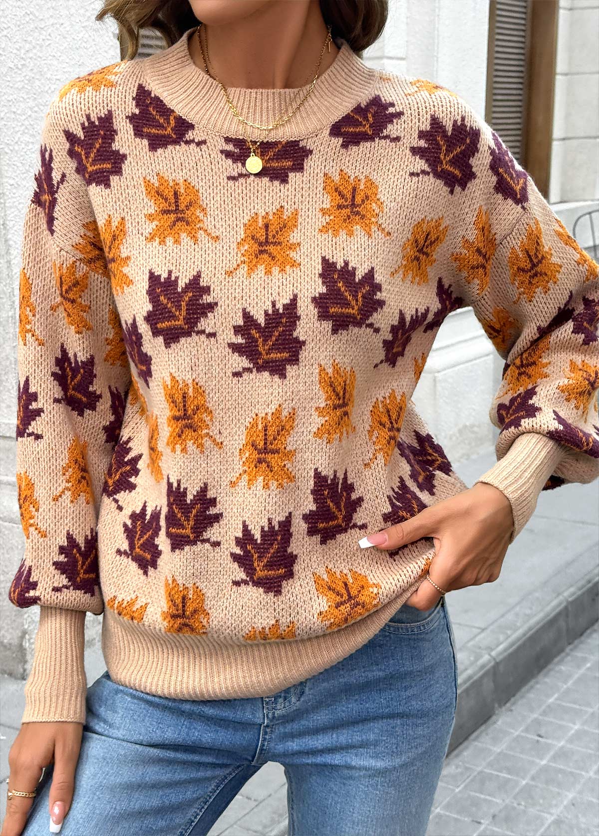 Light Coffee Leaf Print Long Sleeve Round Neck Sweater | picture 
