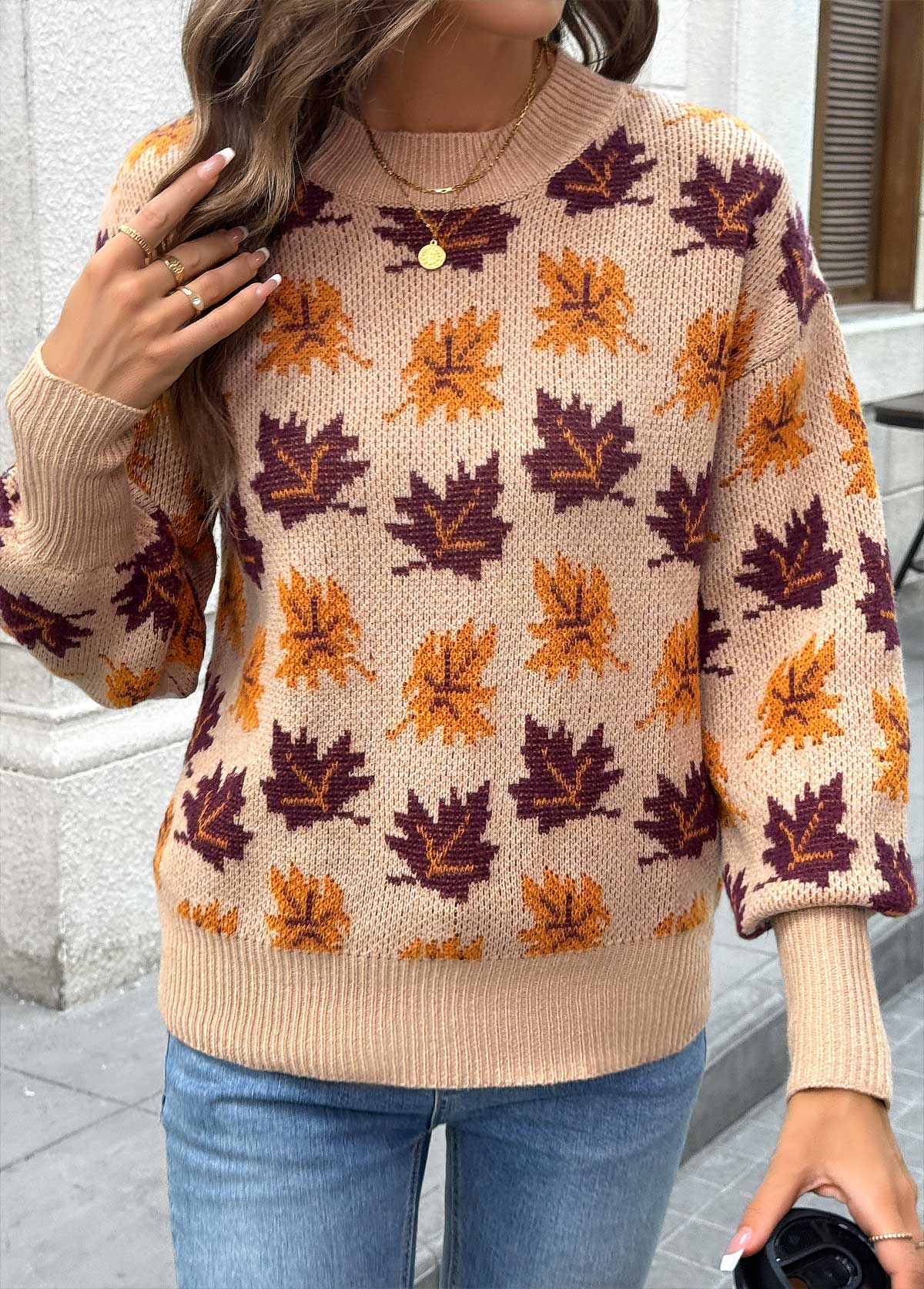 Light Coffee Leaf Print Long Sleeve Round Neck Sweater | picture 