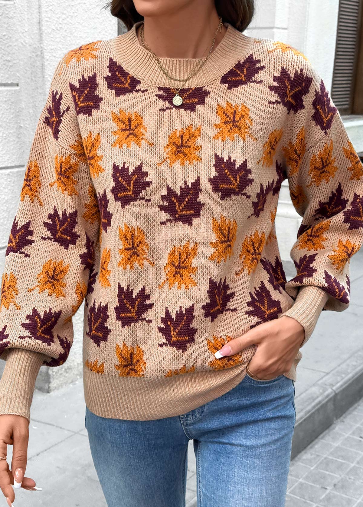 Light Coffee Leaf Print Long Sleeve Round Neck Sweater | picture 