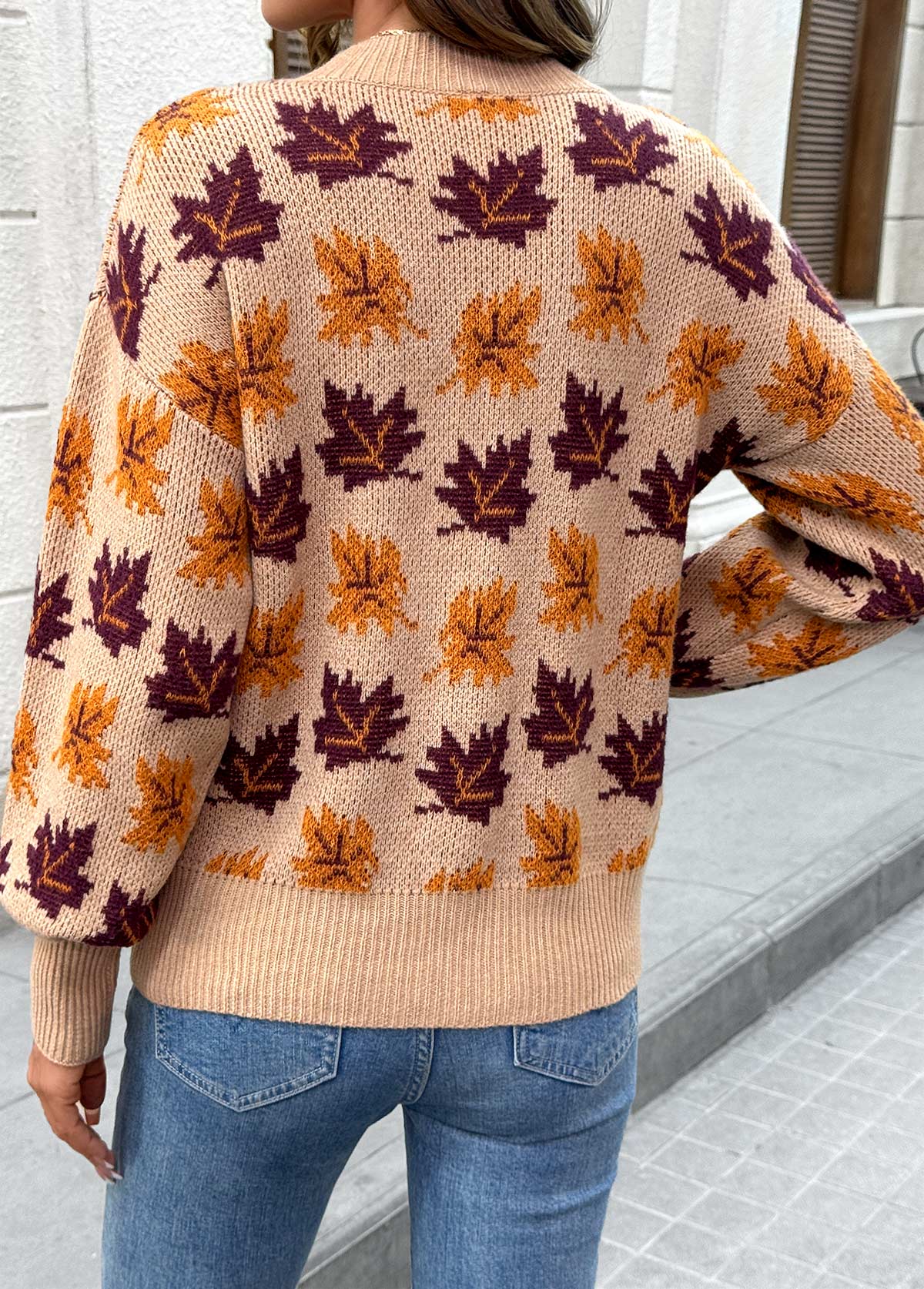 Light Coffee Leaf Print Long Sleeve Round Neck Sweater | picture 