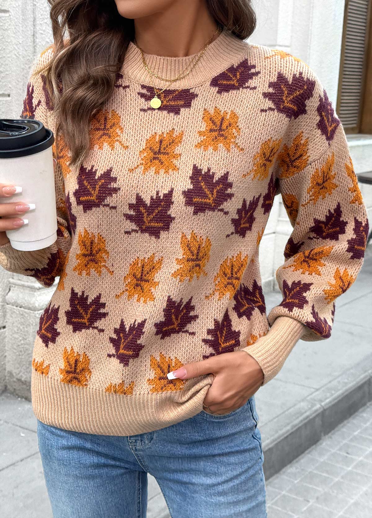 Light Coffee Leaf Print Long Sleeve Round Neck Sweater | picture 