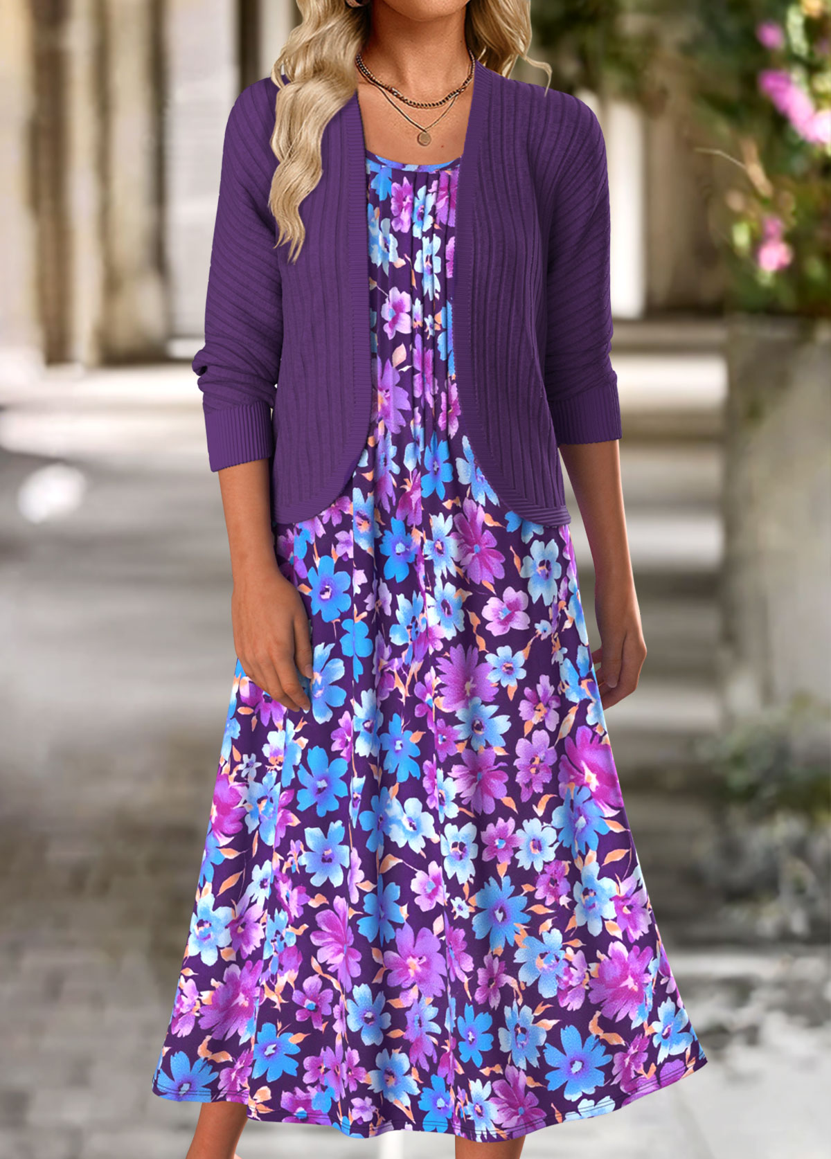 Purple Tummy Coverage Floral Print Dress and Cardigan | picture 