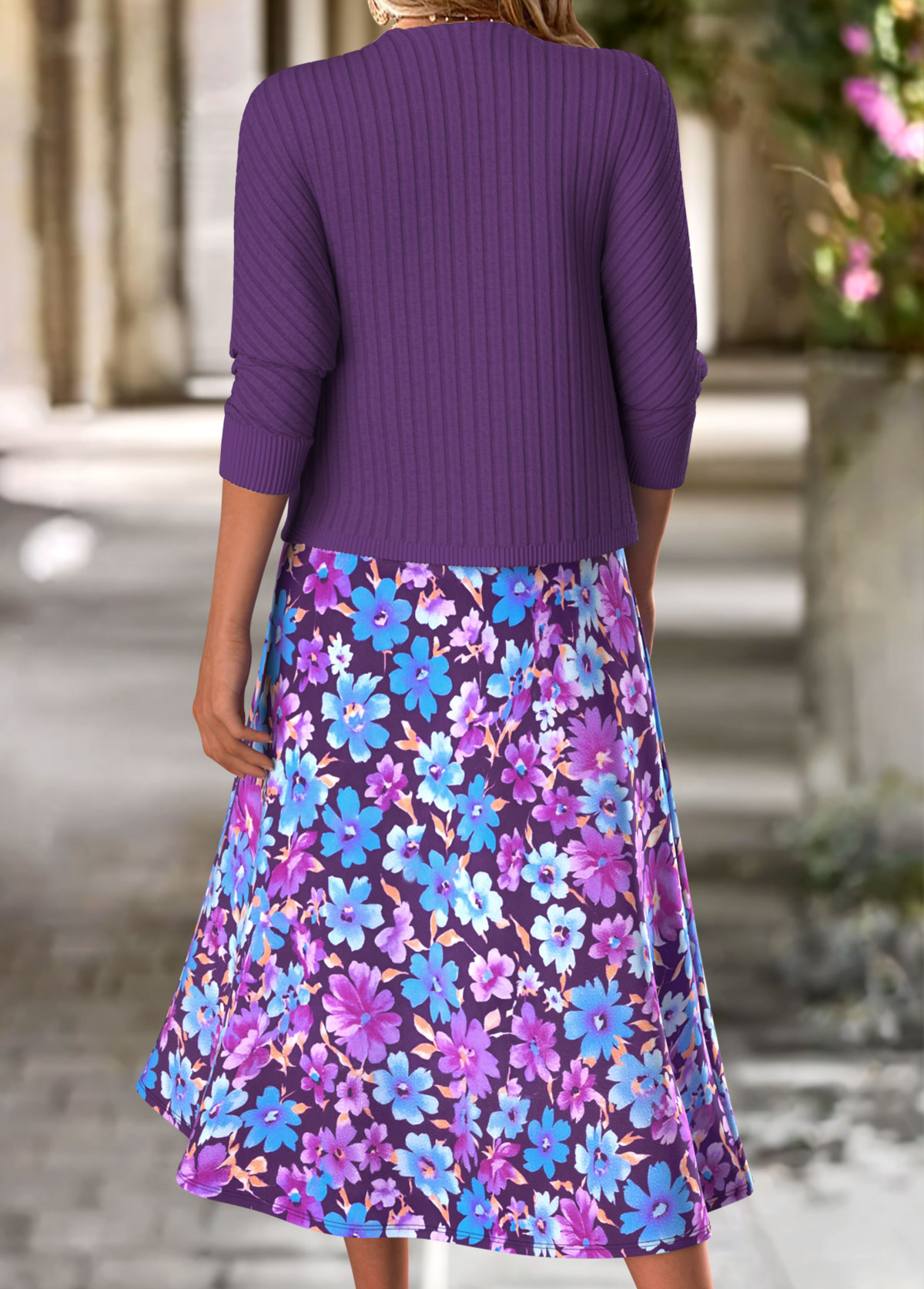 Purple Tummy Coverage Floral Print Dress and Cardigan | picture 