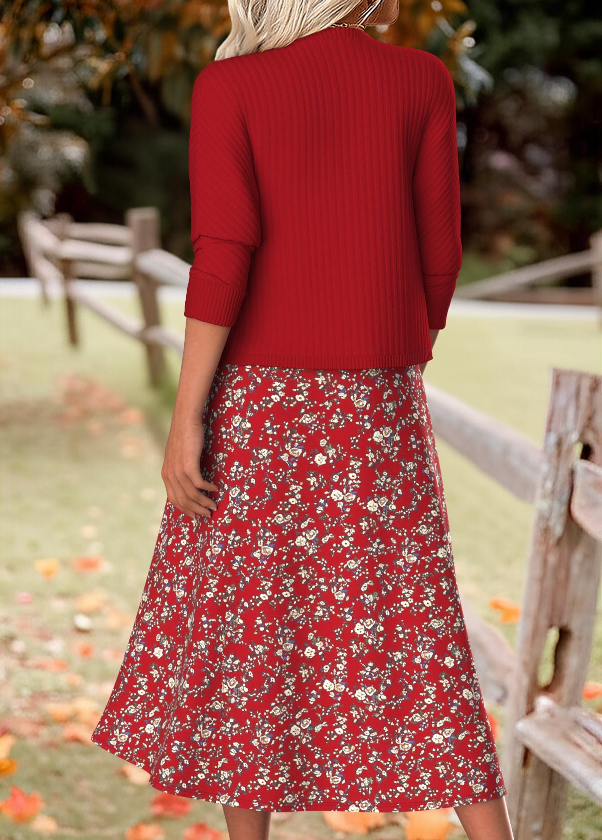 Wine Red Tummy Coverage Floral Print Dress and Cardigan | picture 