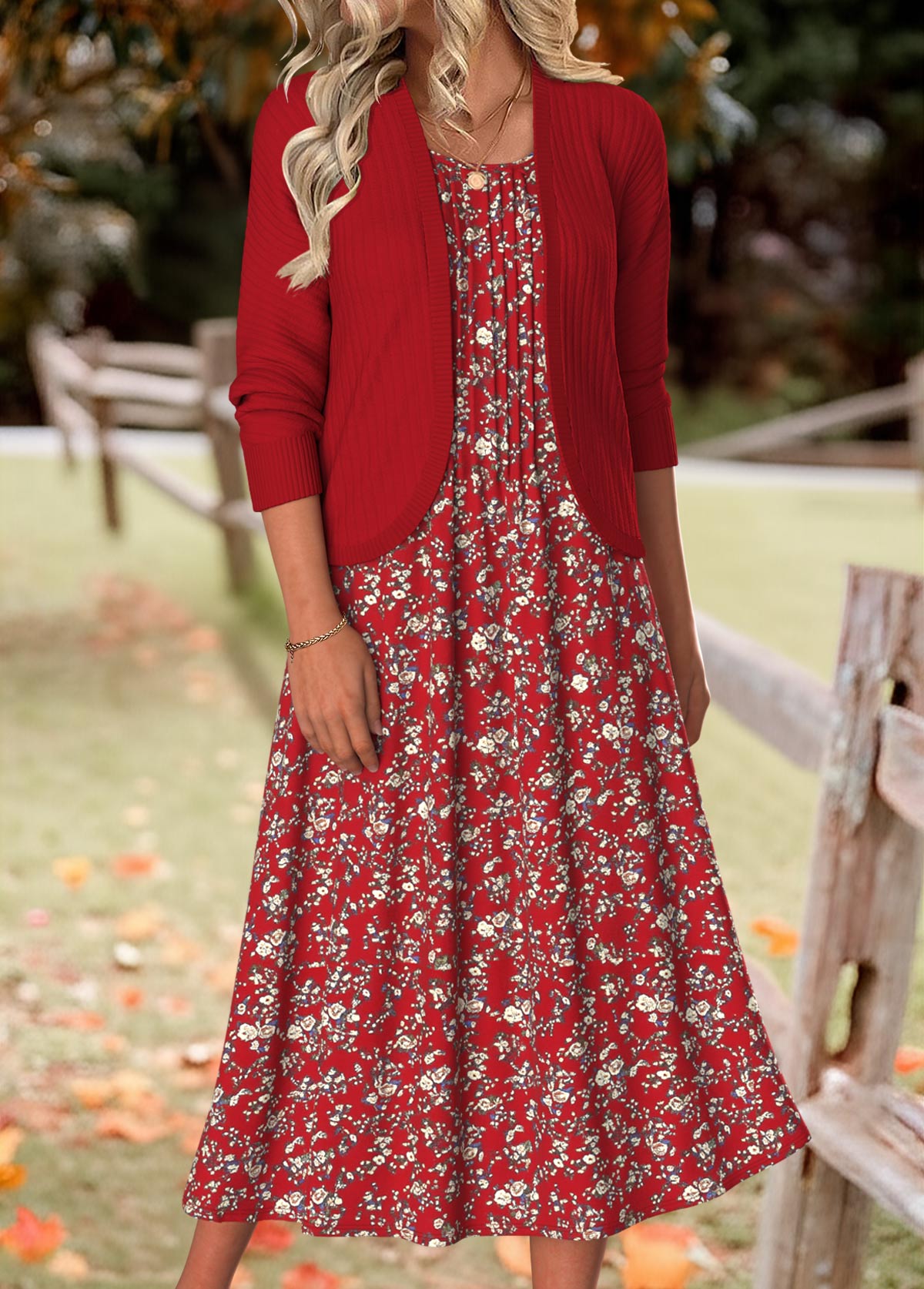 Wine Red Tummy Coverage Floral Print Dress and Cardigan | picture 