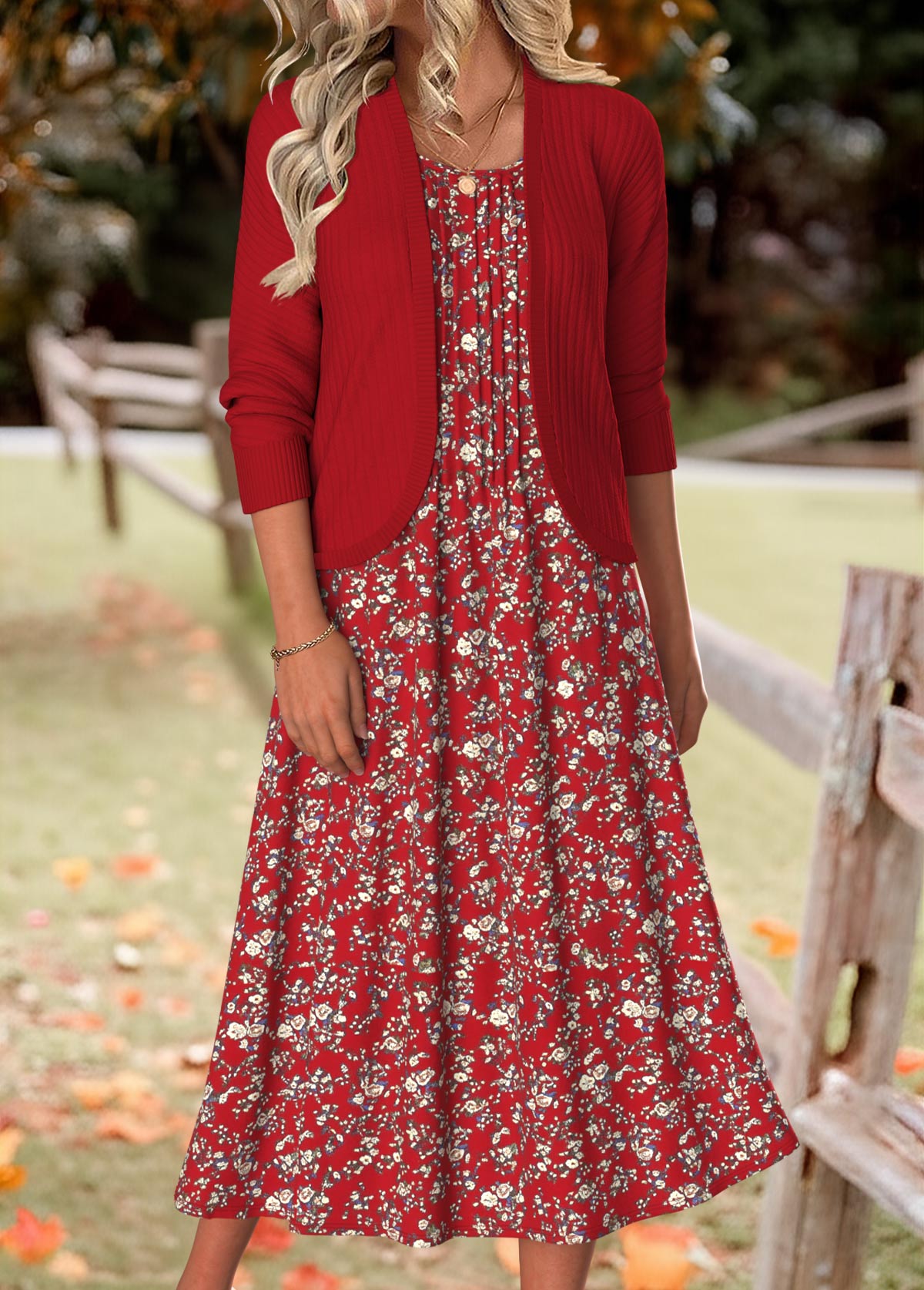 Wine Red Tummy Coverage Floral Print Dress and Cardigan | picture 