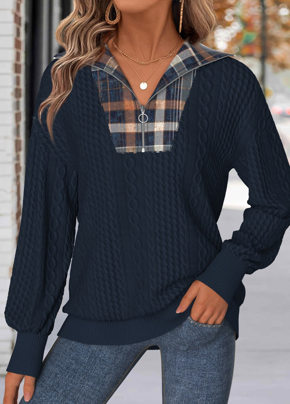 Navy Tummy Coverage Plaid Long Sleeve Sweatshirt | picture 