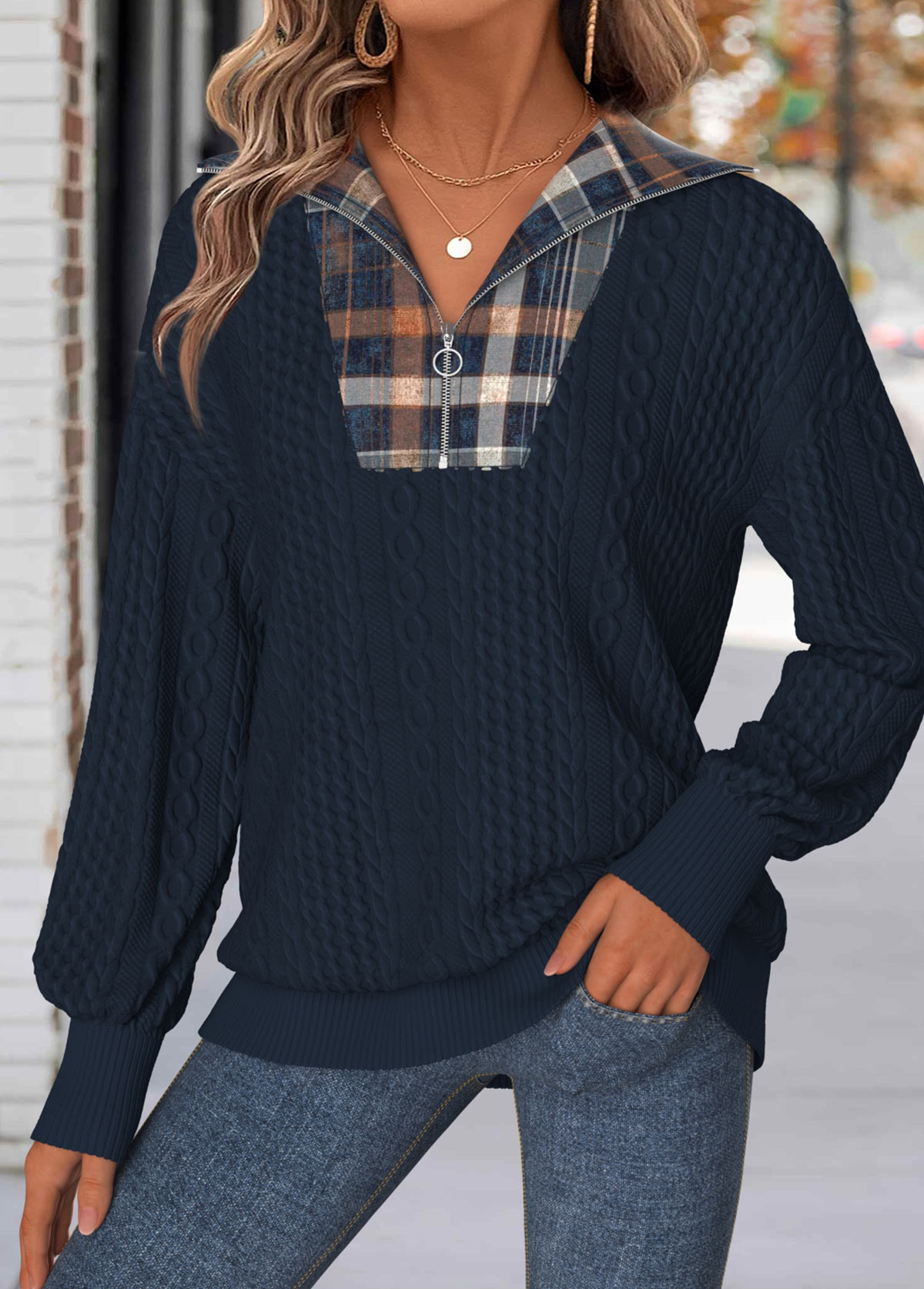 Navy Tummy Coverage Plaid Long Sleeve Sweatshirt | picture 