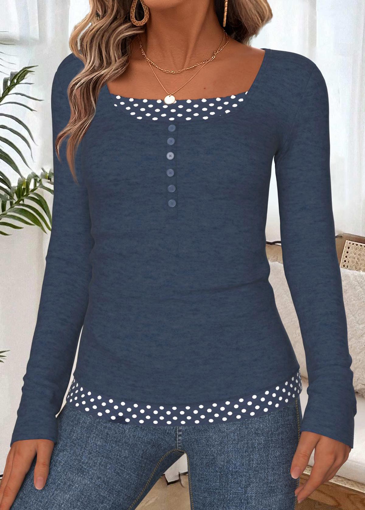 Navy Tummy Coverage Polka Dot Long Sleeve T Shirt | picture 