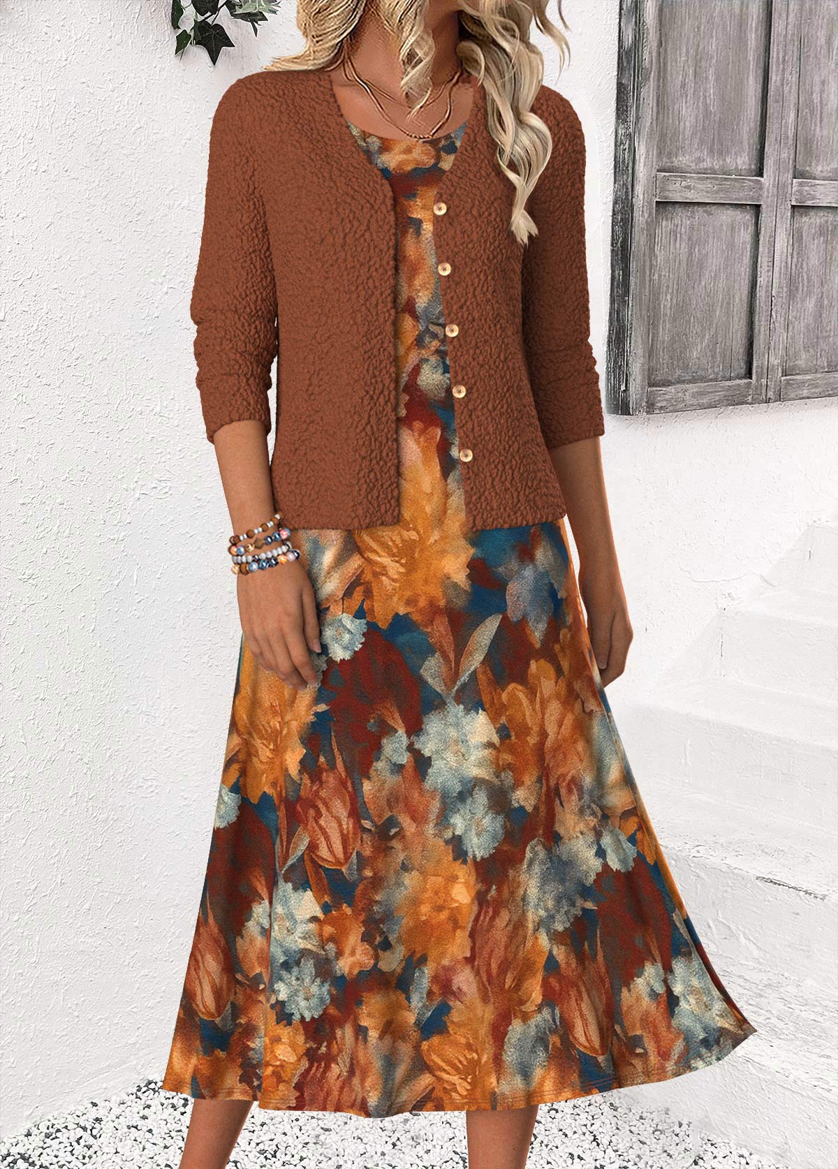 Dark Coffee Tummy Coverage Long Sleeve Dress and Cardigan | picture 