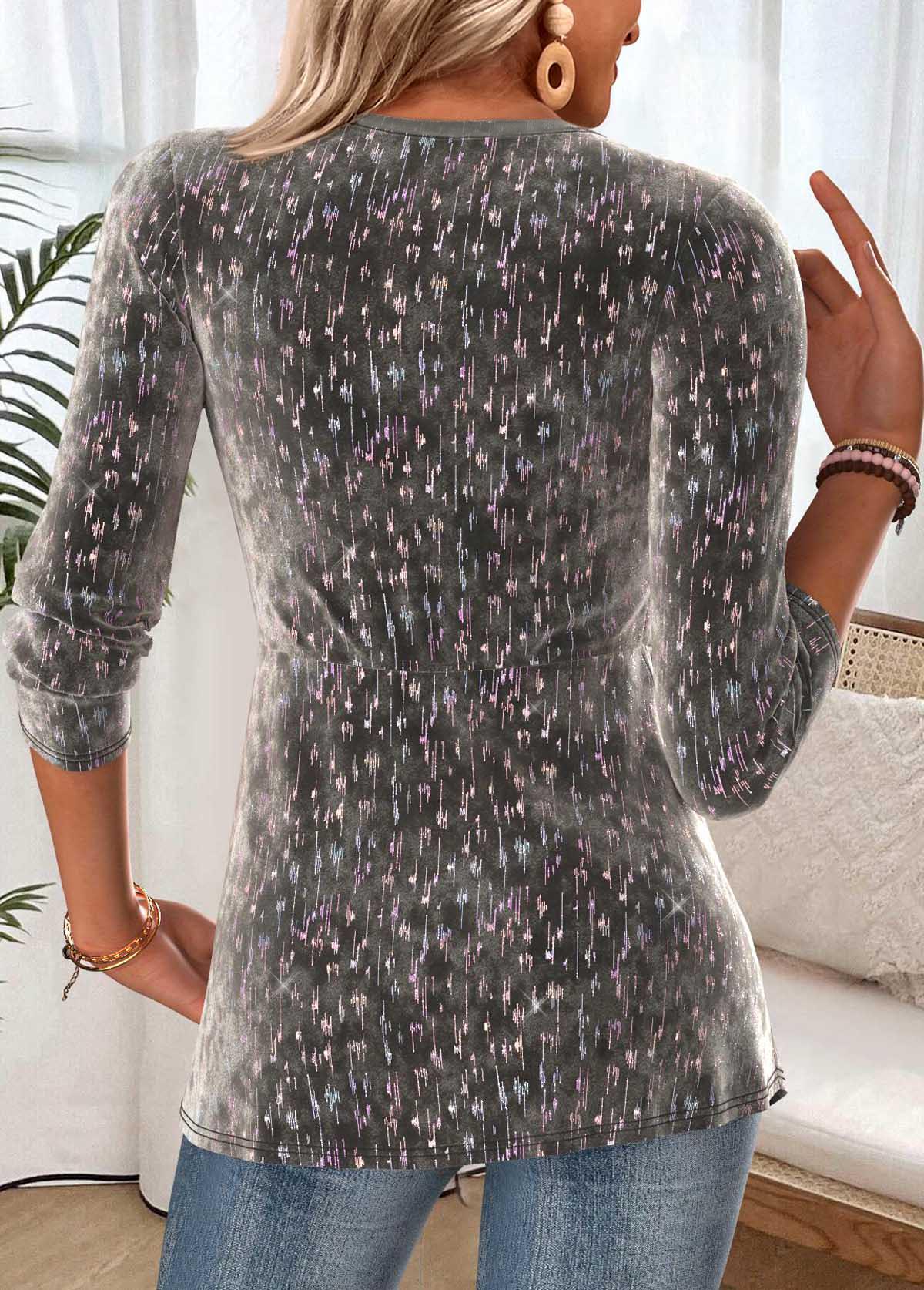 Dark Grey Twist Long Sleeve V Neck T Shirt | picture 