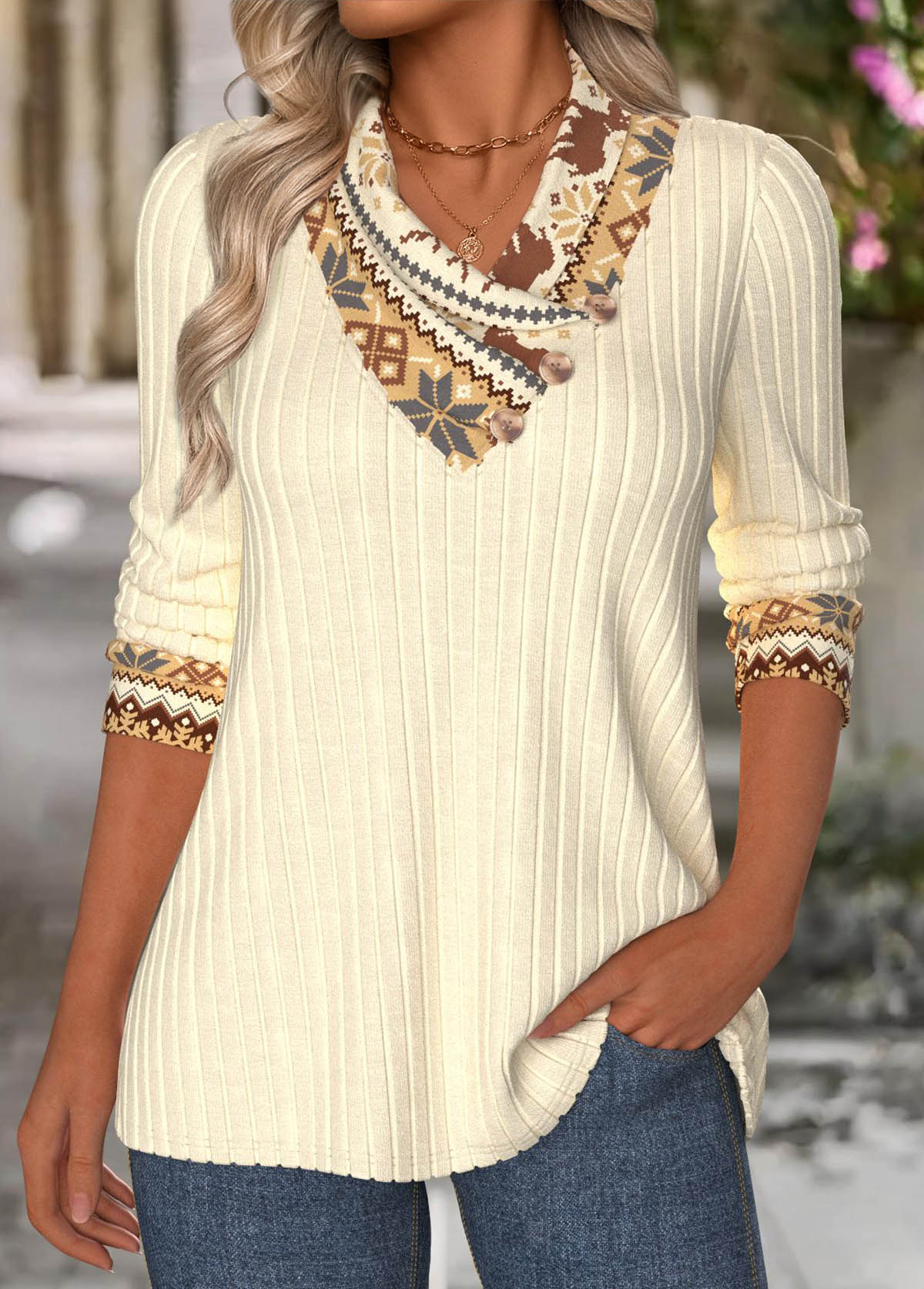 Beige Tummy Coverage Fair Isle Print Long Sleeve Sweatshirt | picture 