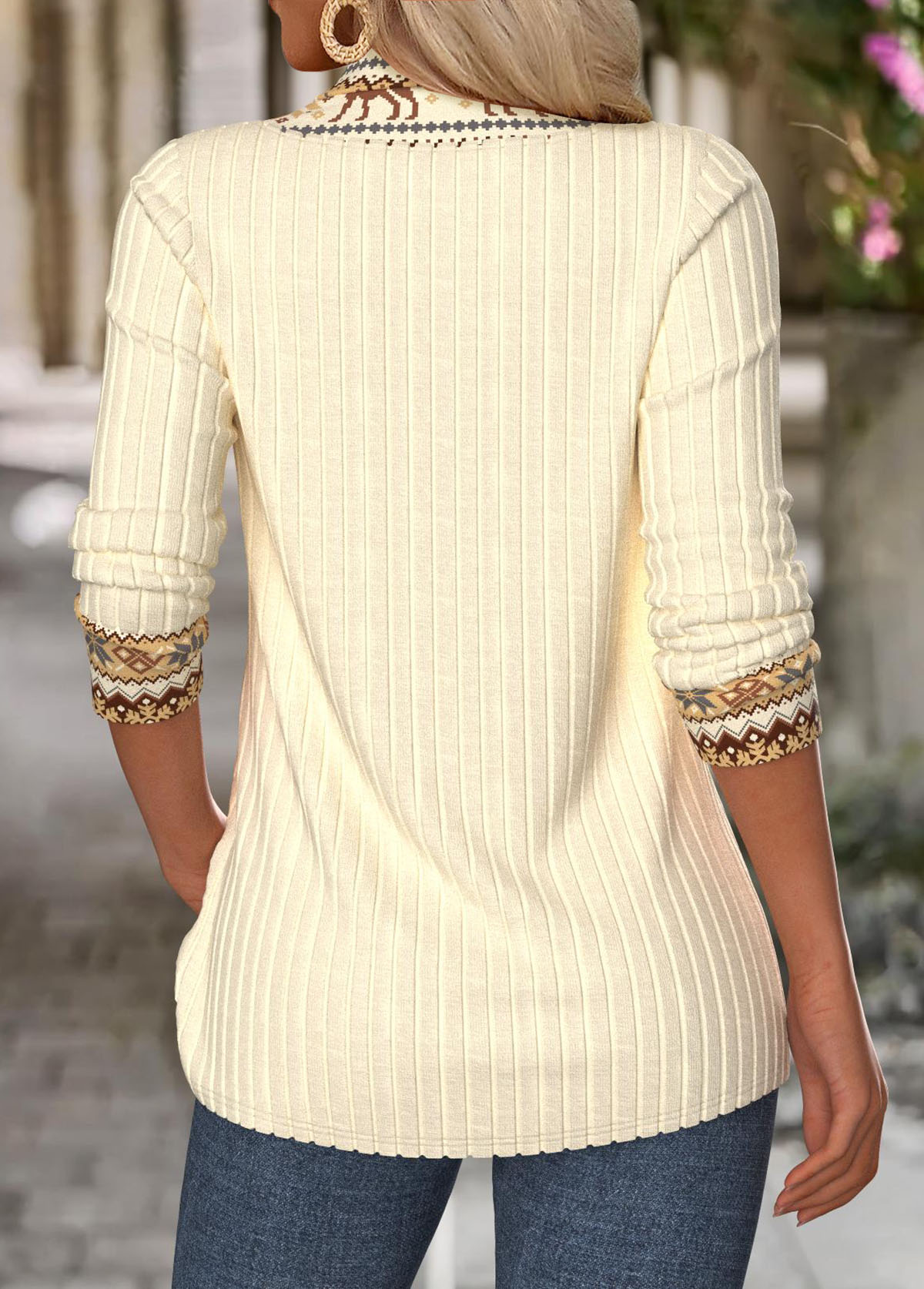 Beige Tummy Coverage Fair Isle Print Long Sleeve Sweatshirt | picture 