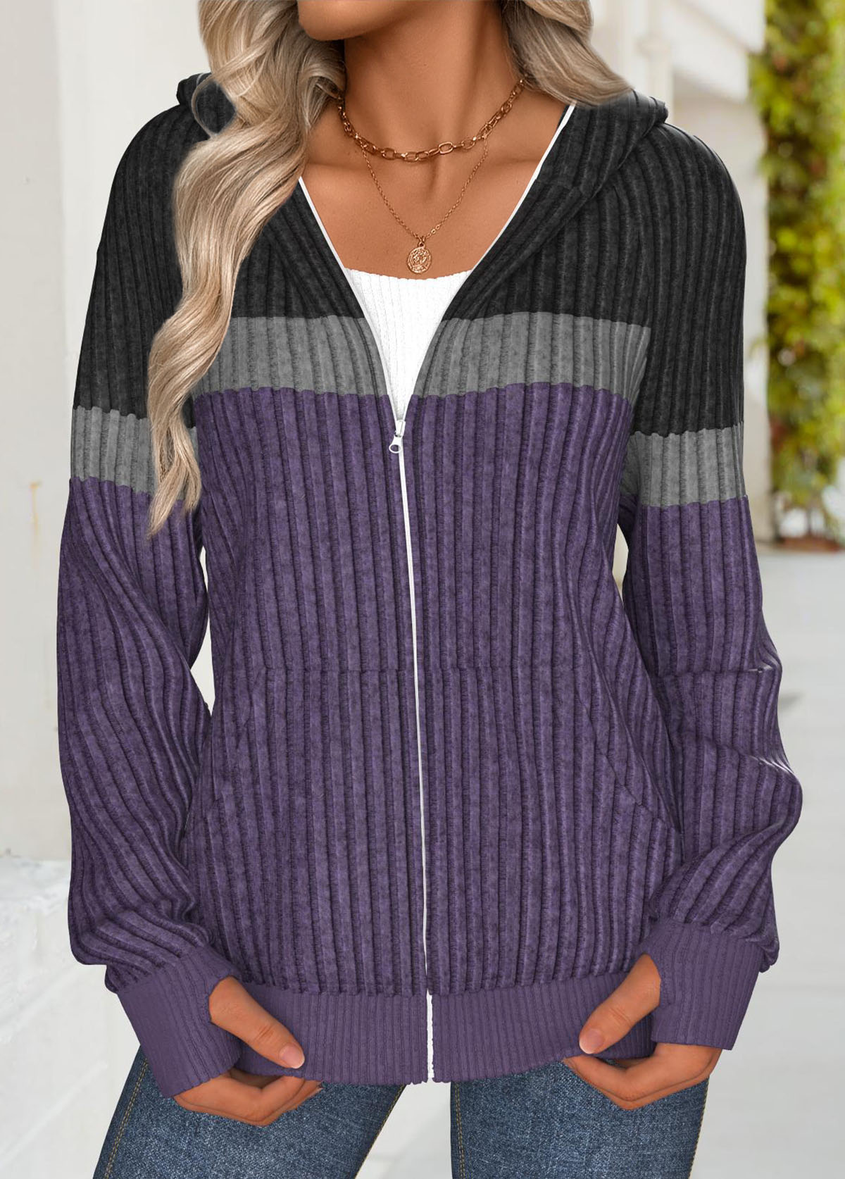 Dark Purple Tummy Coverage Long Sleeve Hoodie | picture 