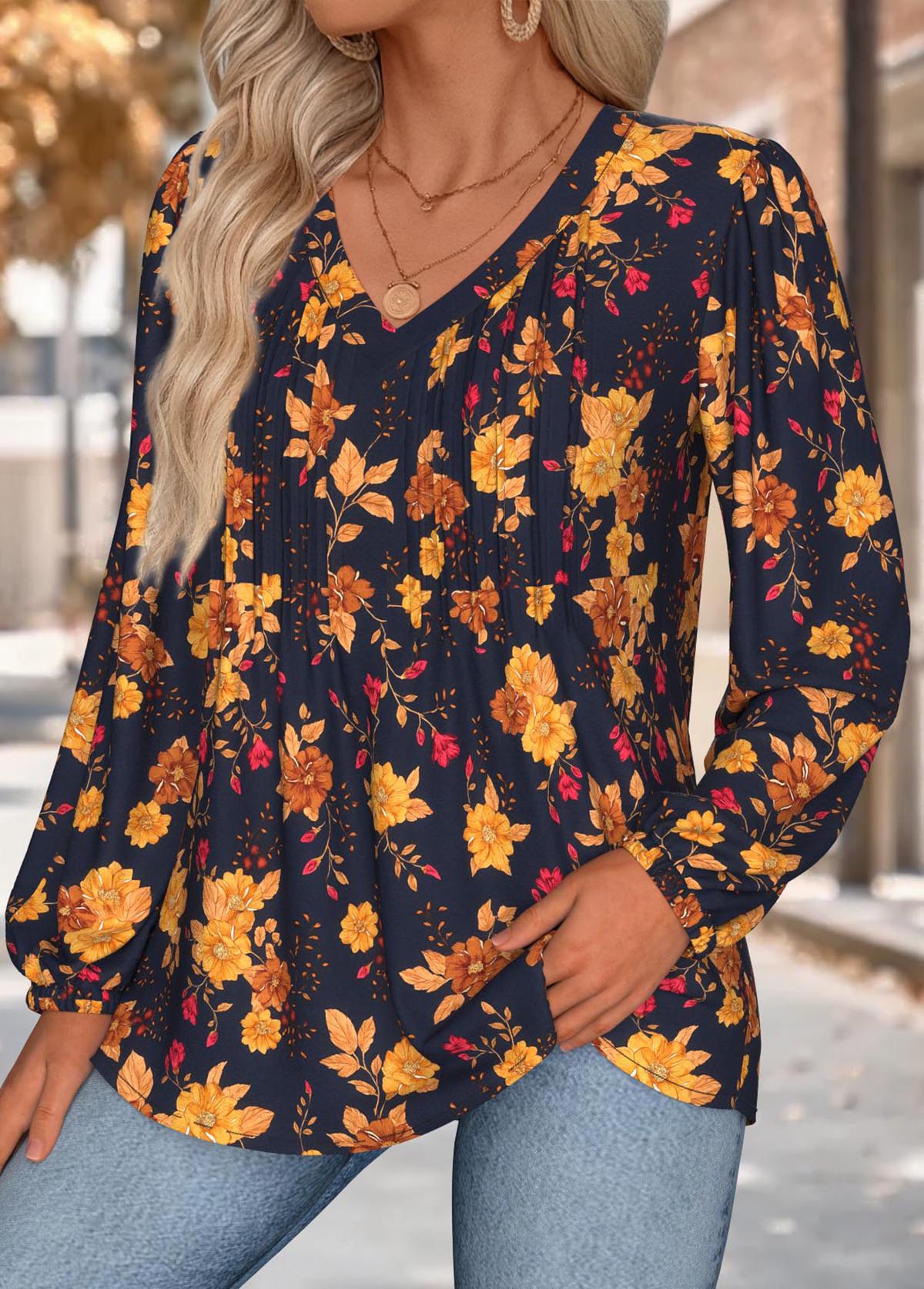 Multi Color Tummy Coverage Floral Print Long Sleeve Blouse | picture 