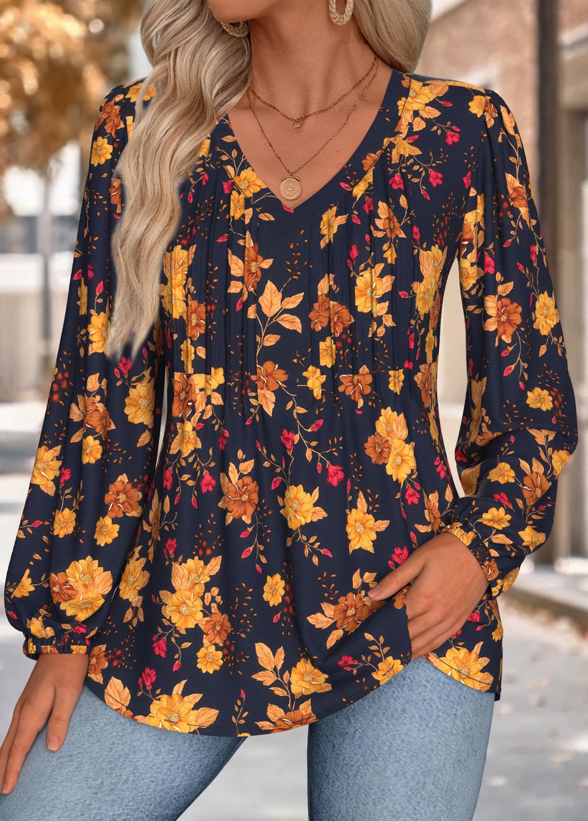 Multi Color Tummy Coverage Floral Print Long Sleeve Blouse | picture 