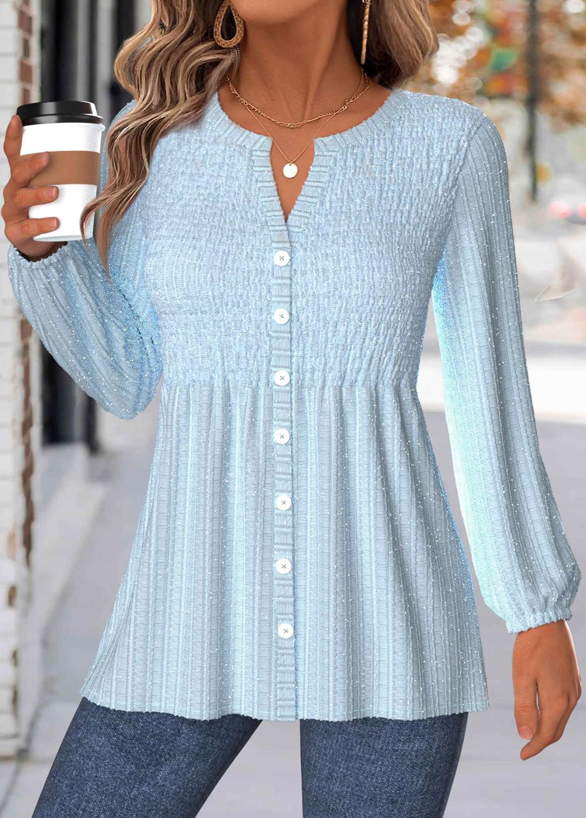 Light Blue Tummy Coverage Long Sleeve V Neck Blouse | picture 